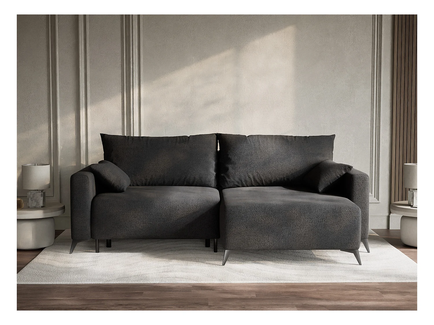 Canapé d'angle droit avec fonction lit en tissu tressé graphite LEON