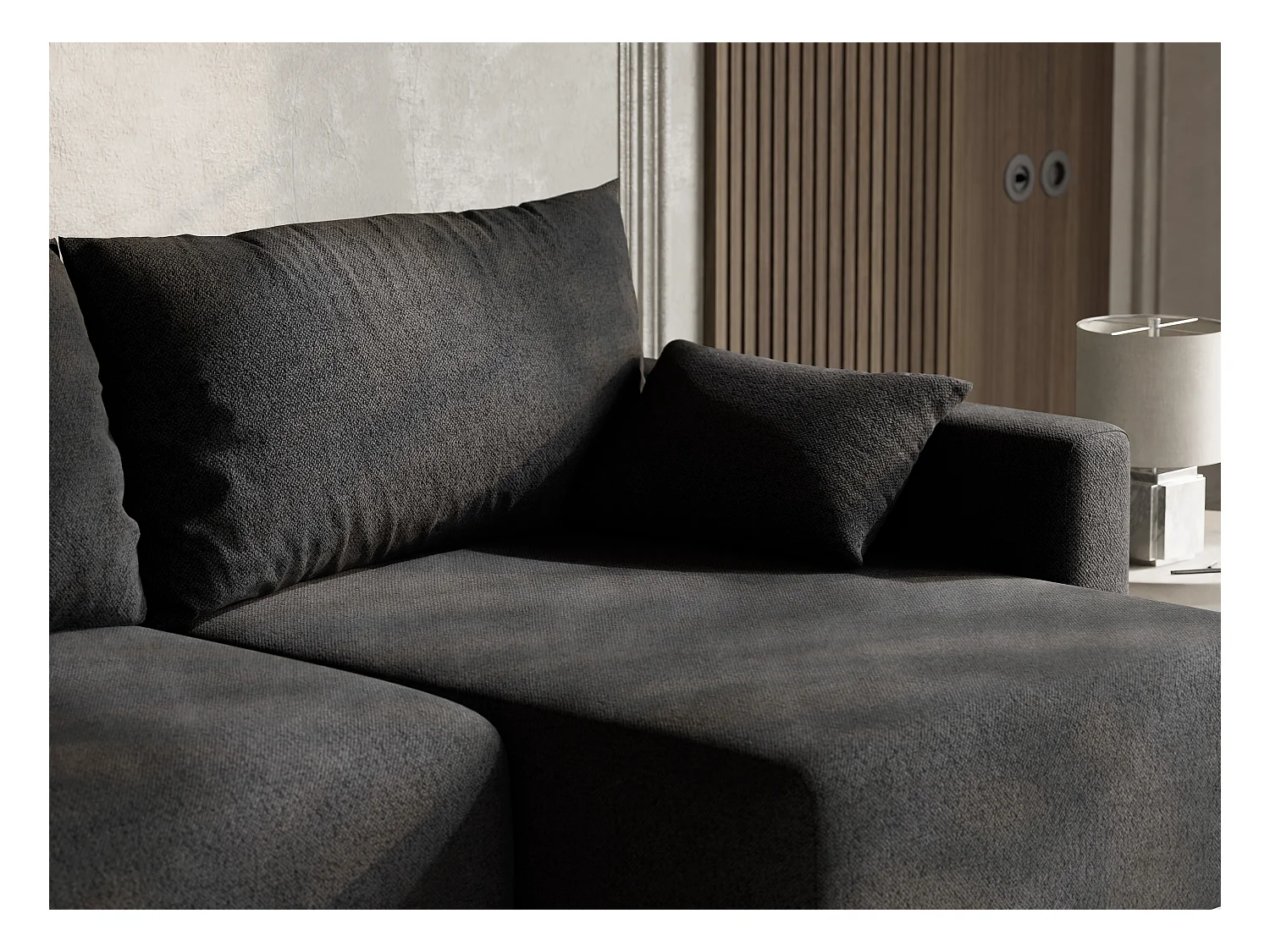 Canapé d'angle droit avec fonction lit en tissu tressé graphite LEON