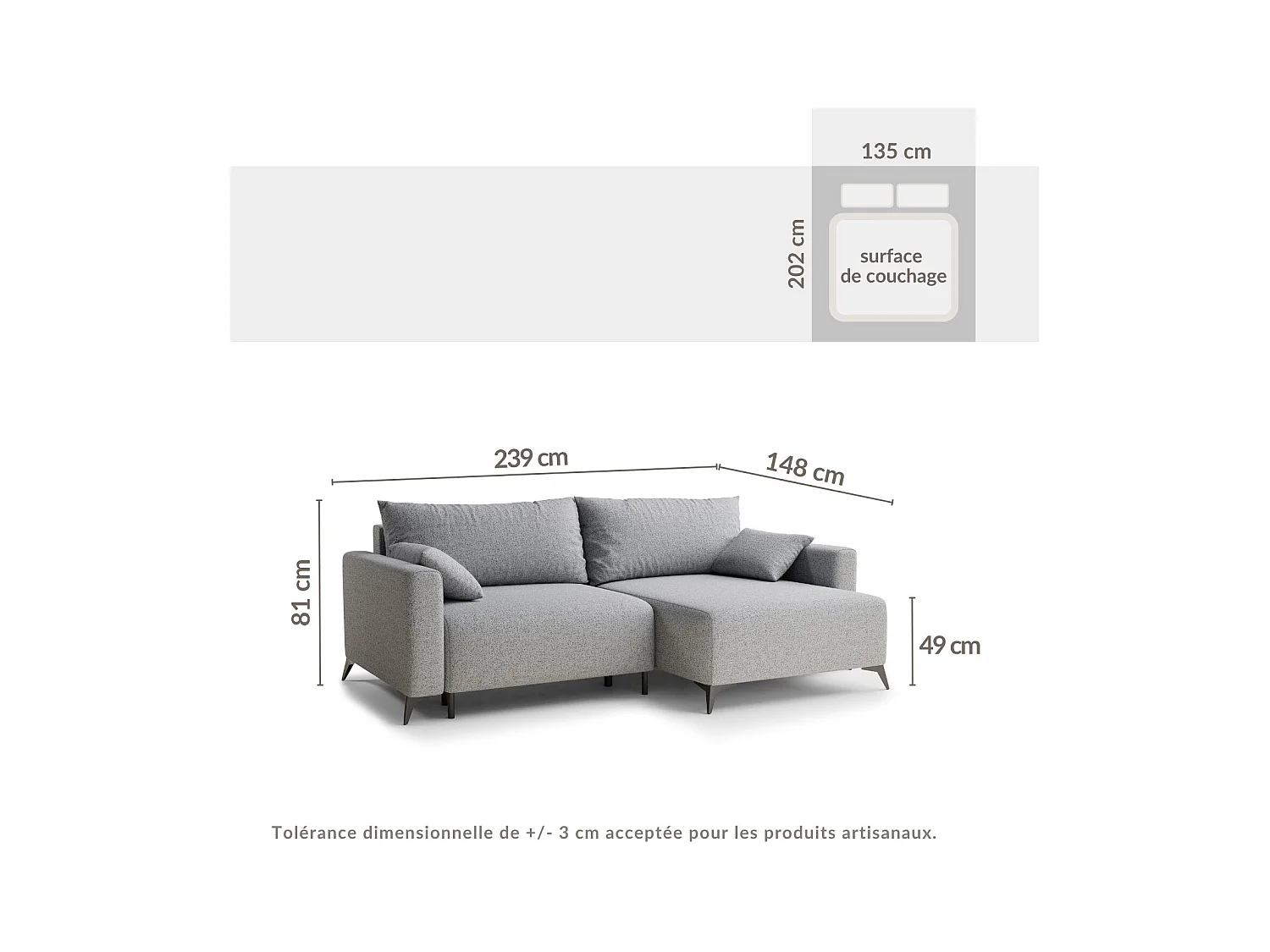 Canapé d'angle droit avec fonction lit en tissu tressé graphite LEON