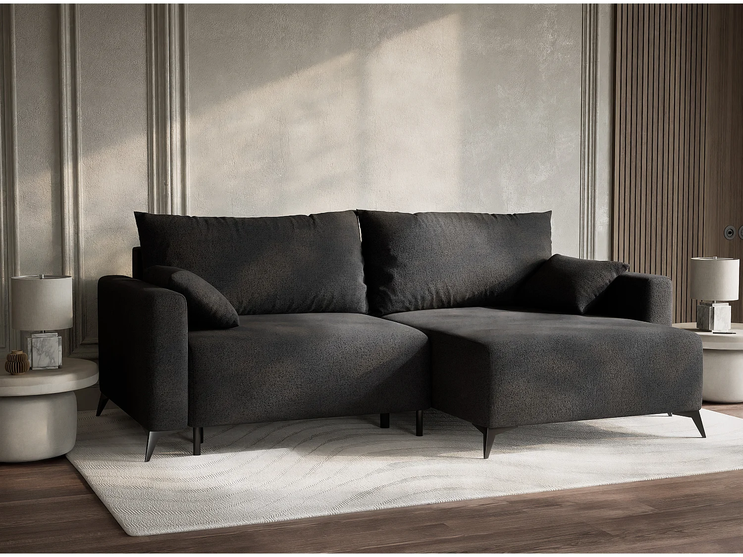 Canapé d'angle droit avec fonction lit en tissu tressé graphite LEON