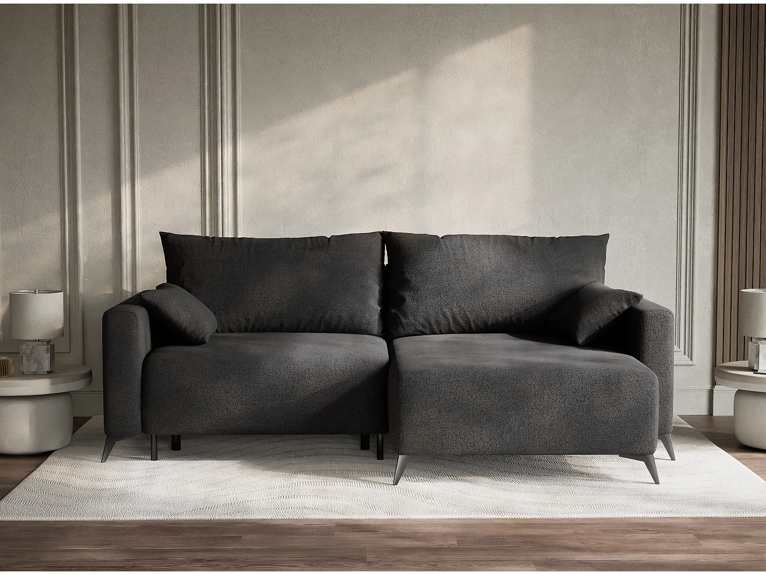 Canapé d'angle droit avec fonction lit en tissu tressé graphite LEON