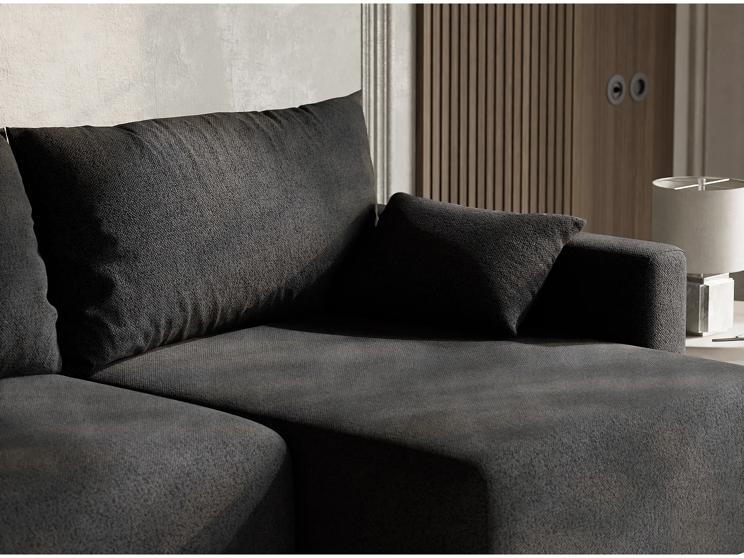 Canapé d'angle droit avec fonction lit en tissu tressé graphite LEON