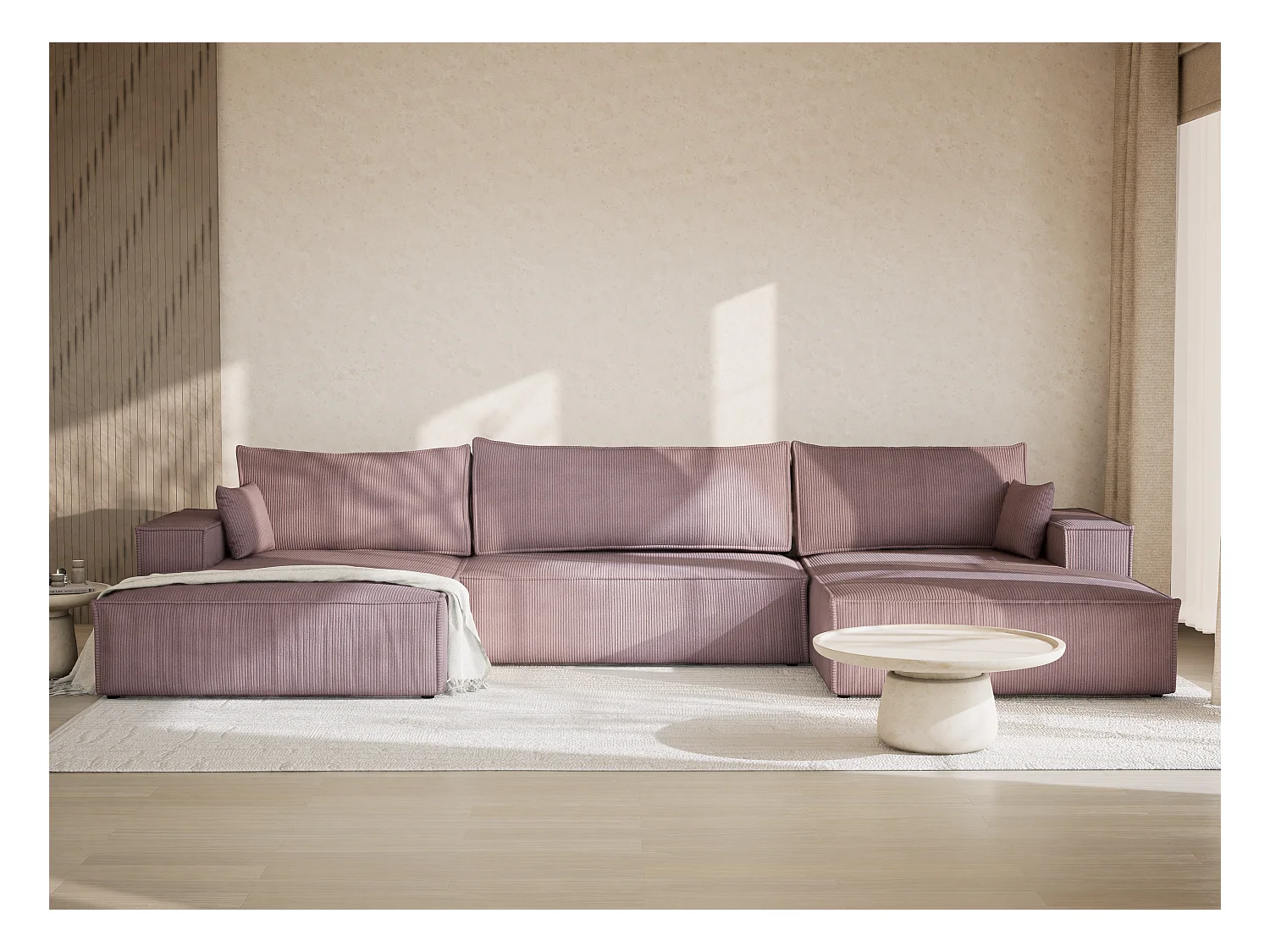 Canapé d'angle panoramique avec fonction lit en velours violet KYOTO