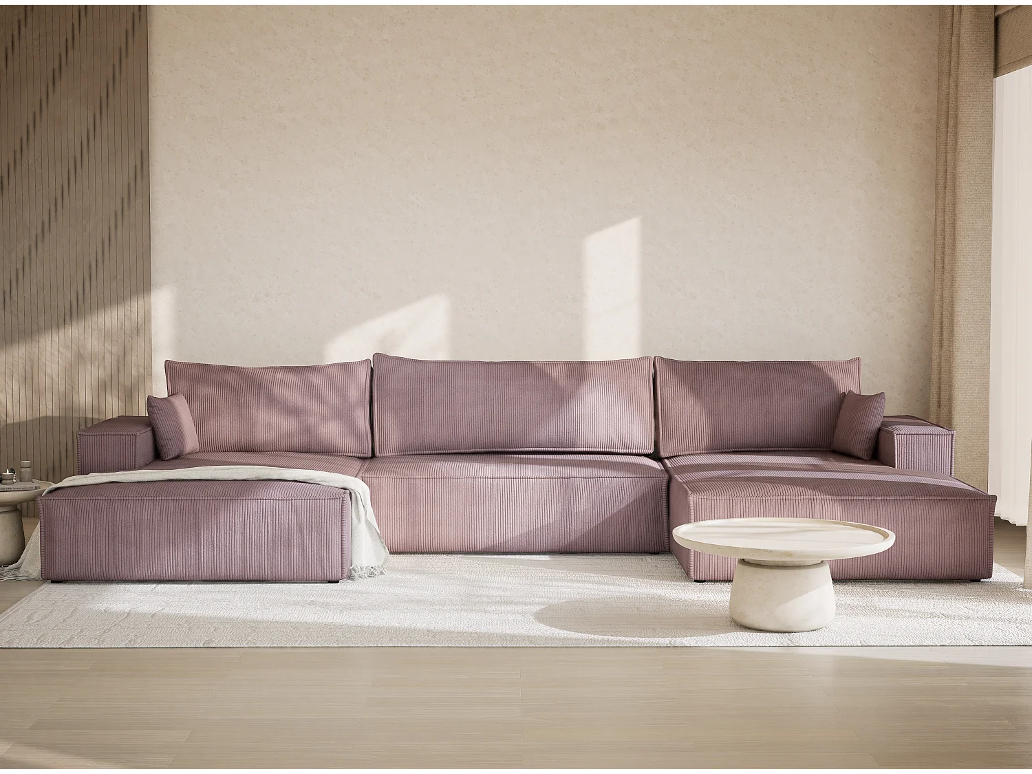 Canapé d'angle panoramique avec fonction lit en velours violet KYOTO