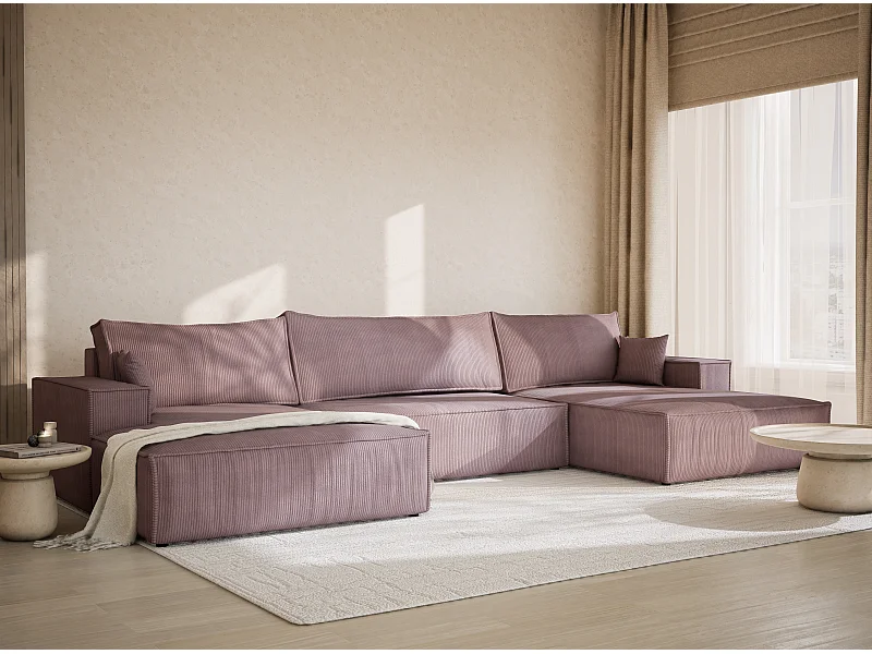 Canapé d'angle panoramique avec fonction lit en velours violet KYOTO