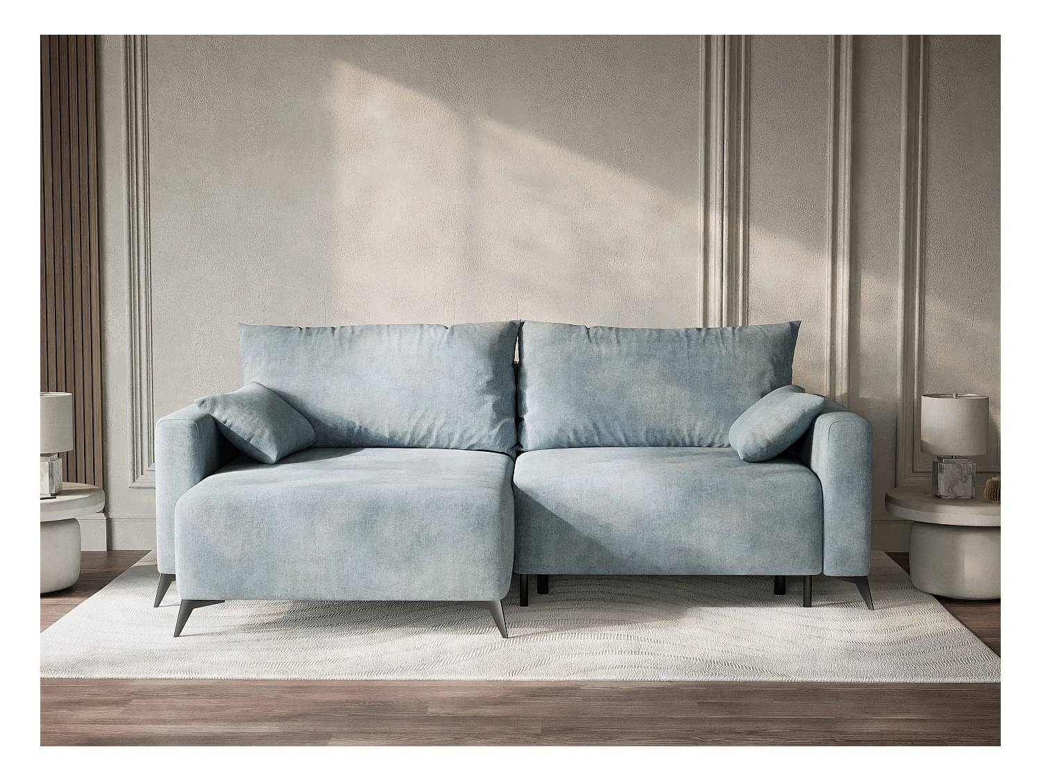 Canapé d'angle gauche avec fonction lit en tissu chenille bleu clair LEON