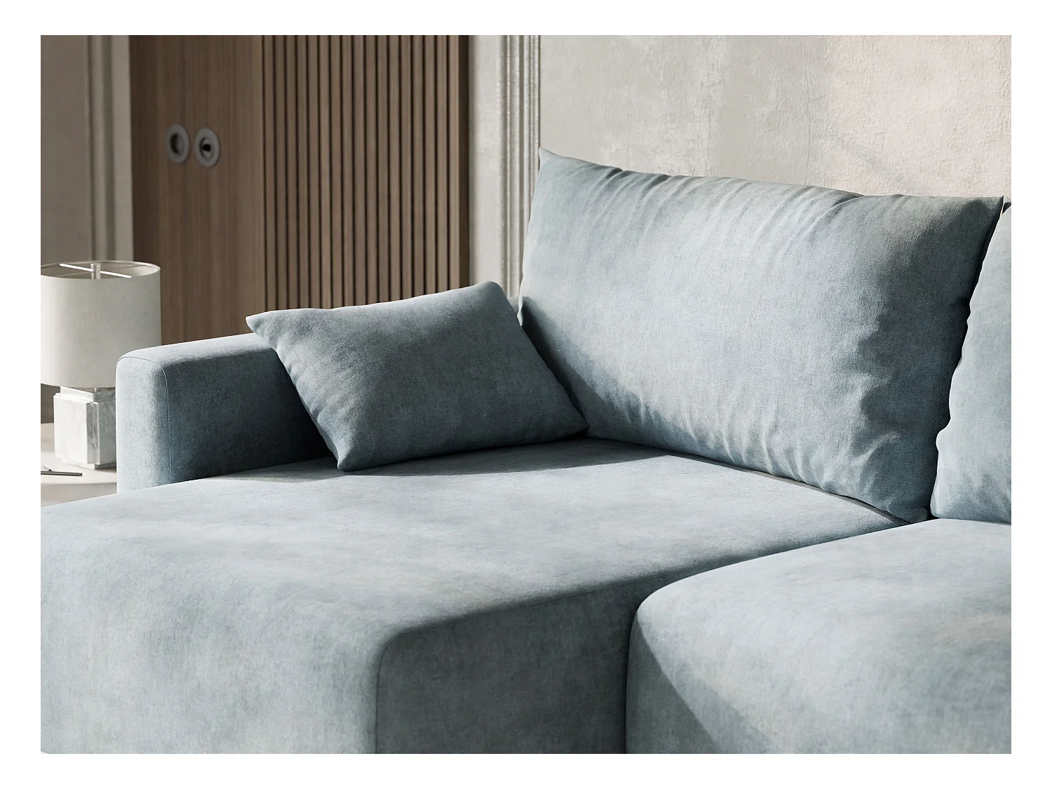 Canapé d'angle gauche avec fonction lit en tissu chenille bleu clair LEON