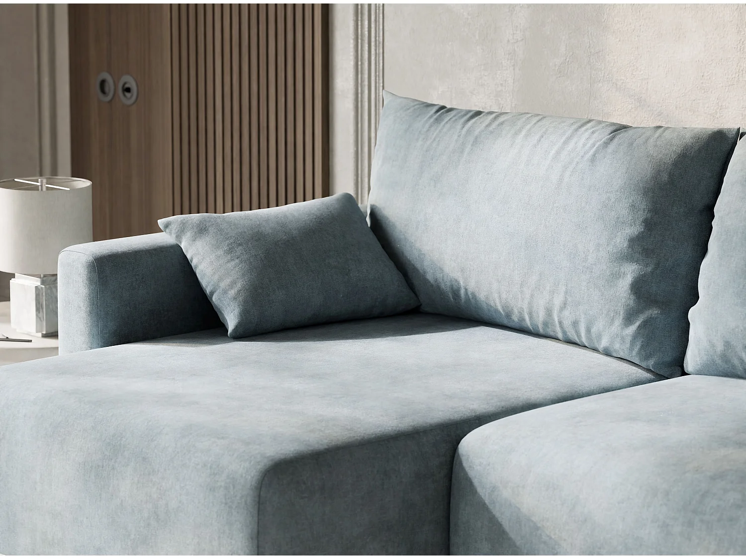 Canapé d'angle gauche avec fonction lit en tissu chenille bleu clair LEON