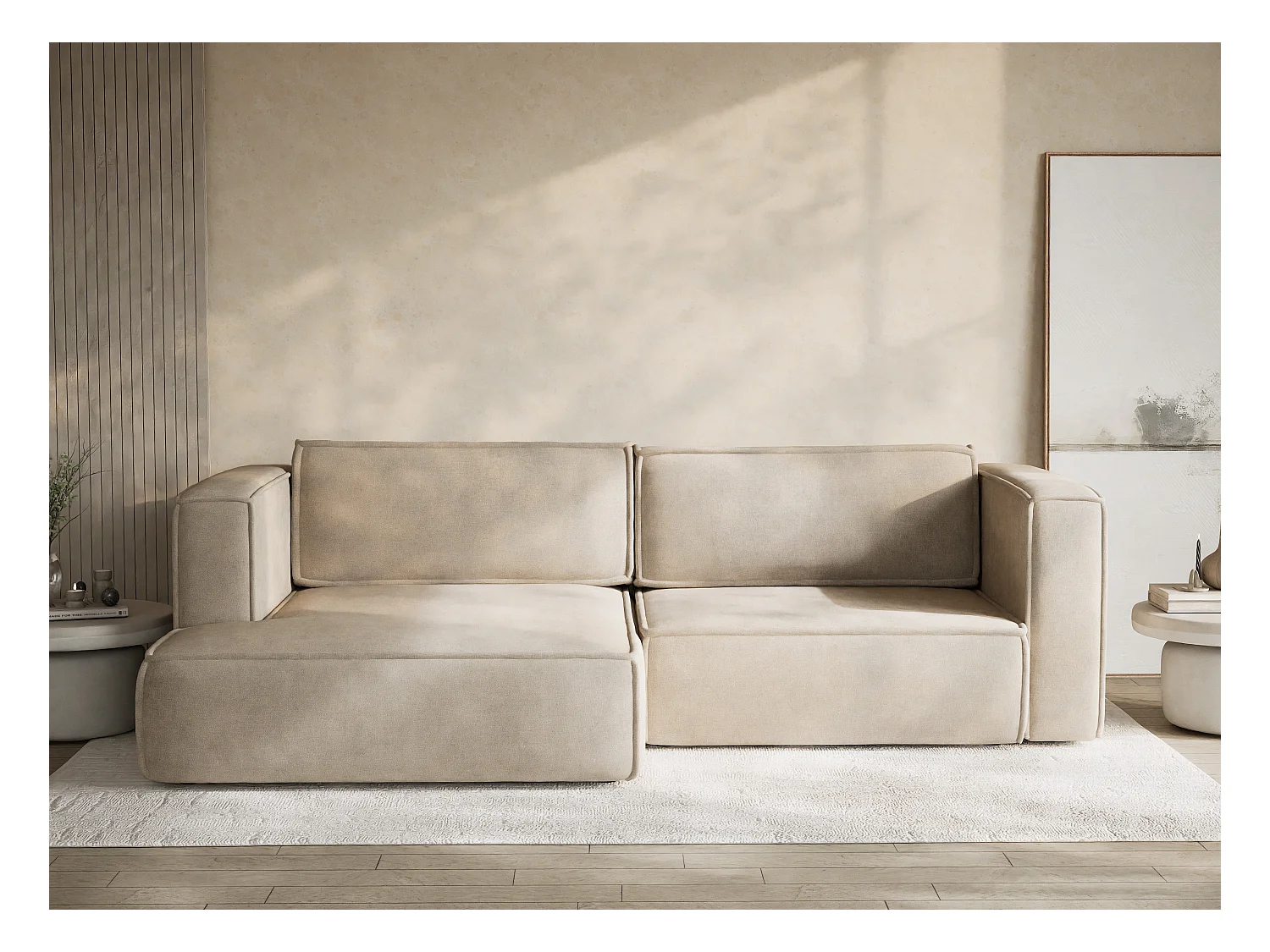 Canapé d'angle gauche avec fonction lit en tissu chenille beige VELTO