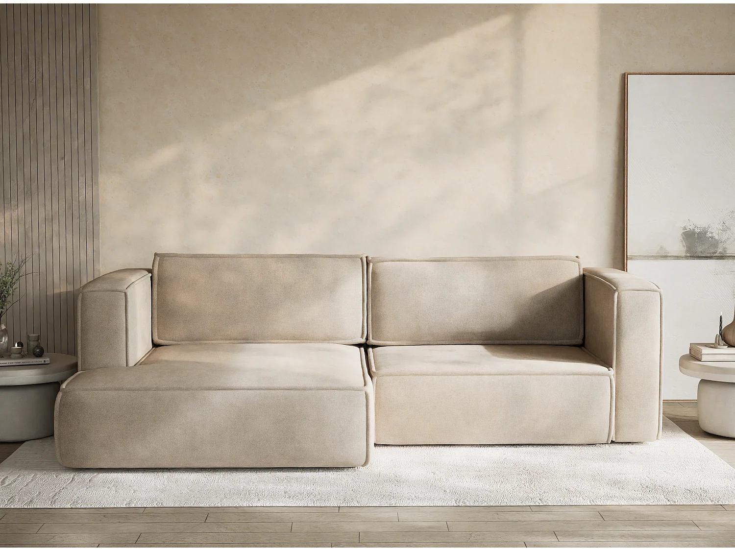 Canapé d'angle gauche avec fonction lit en tissu chenille beige VELTO