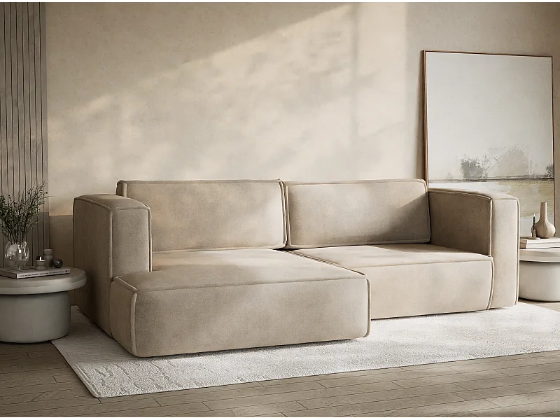 Ecksofa mit Schlaffunktion - Ecke Links - 3-Sitzer - Chenille-Stoff - beige - VELTO