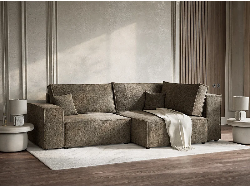 Canapé d'angle droit avec fonction lit en tissu chenille taupe TONGA