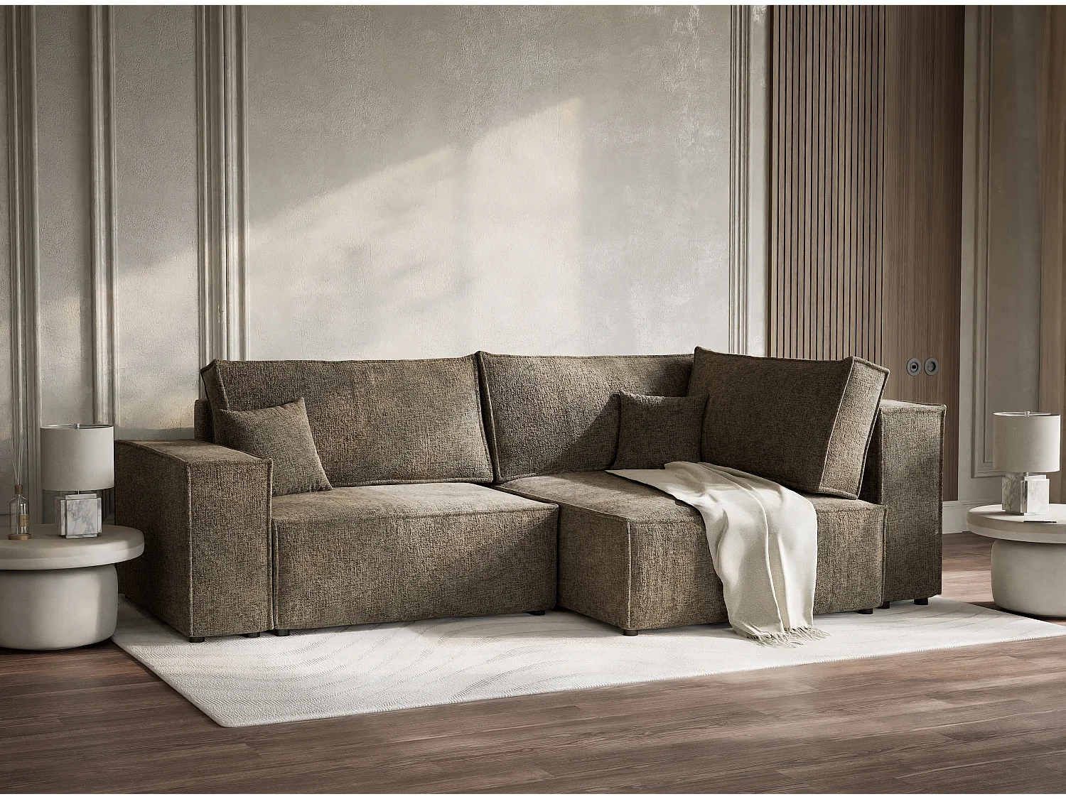 Canapé d'angle droit avec fonction lit en tissu chenille taupe TONGA