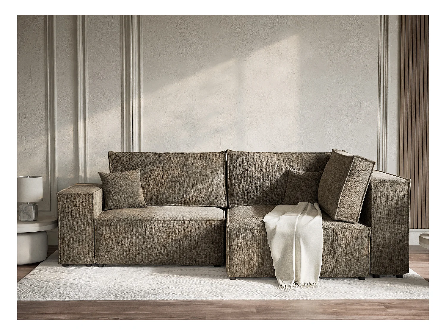 Canapé d'angle droit avec fonction lit en tissu chenille taupe TONGA