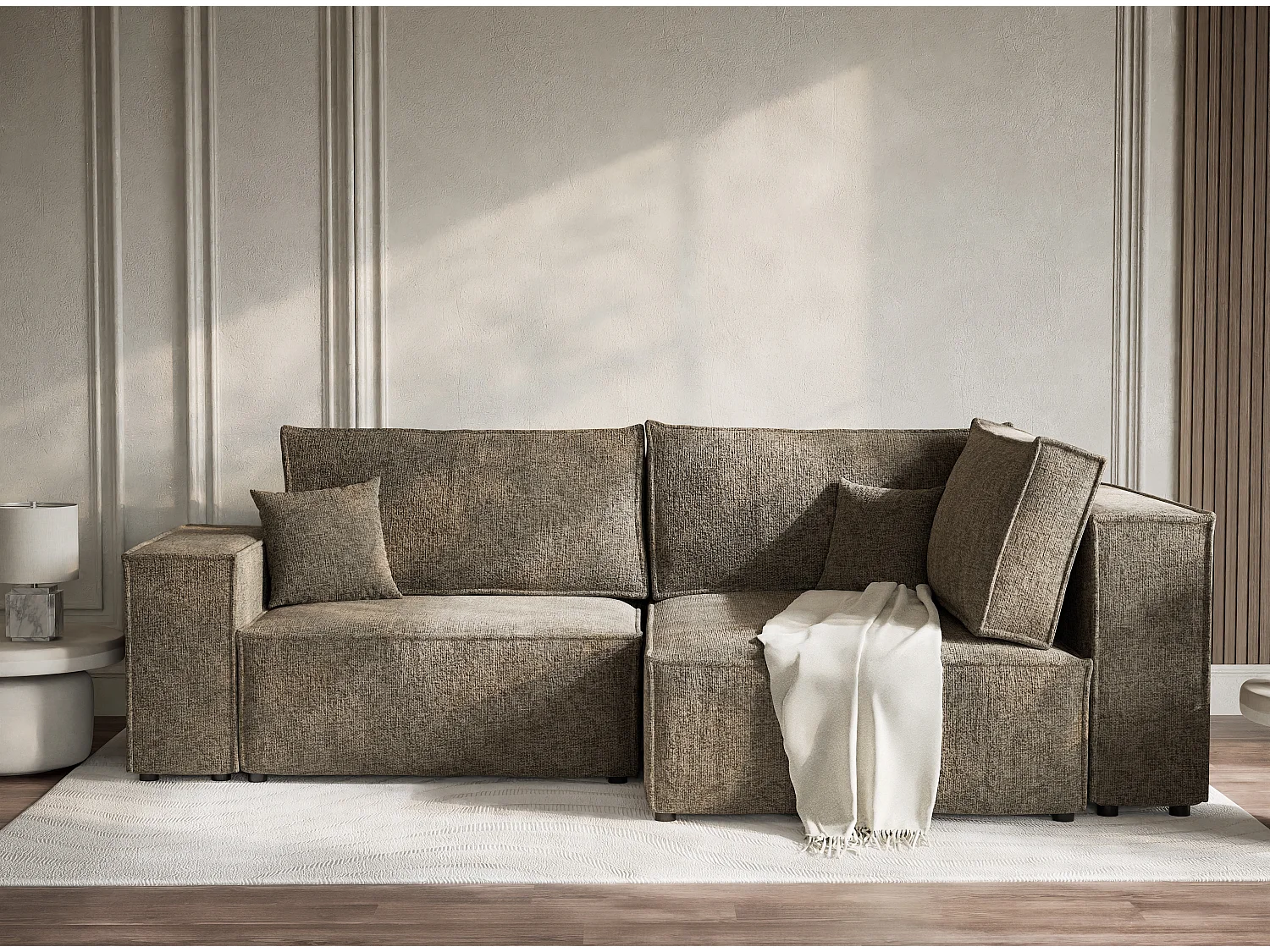 Canapé d'angle droit avec fonction lit en tissu chenille brun TONGA