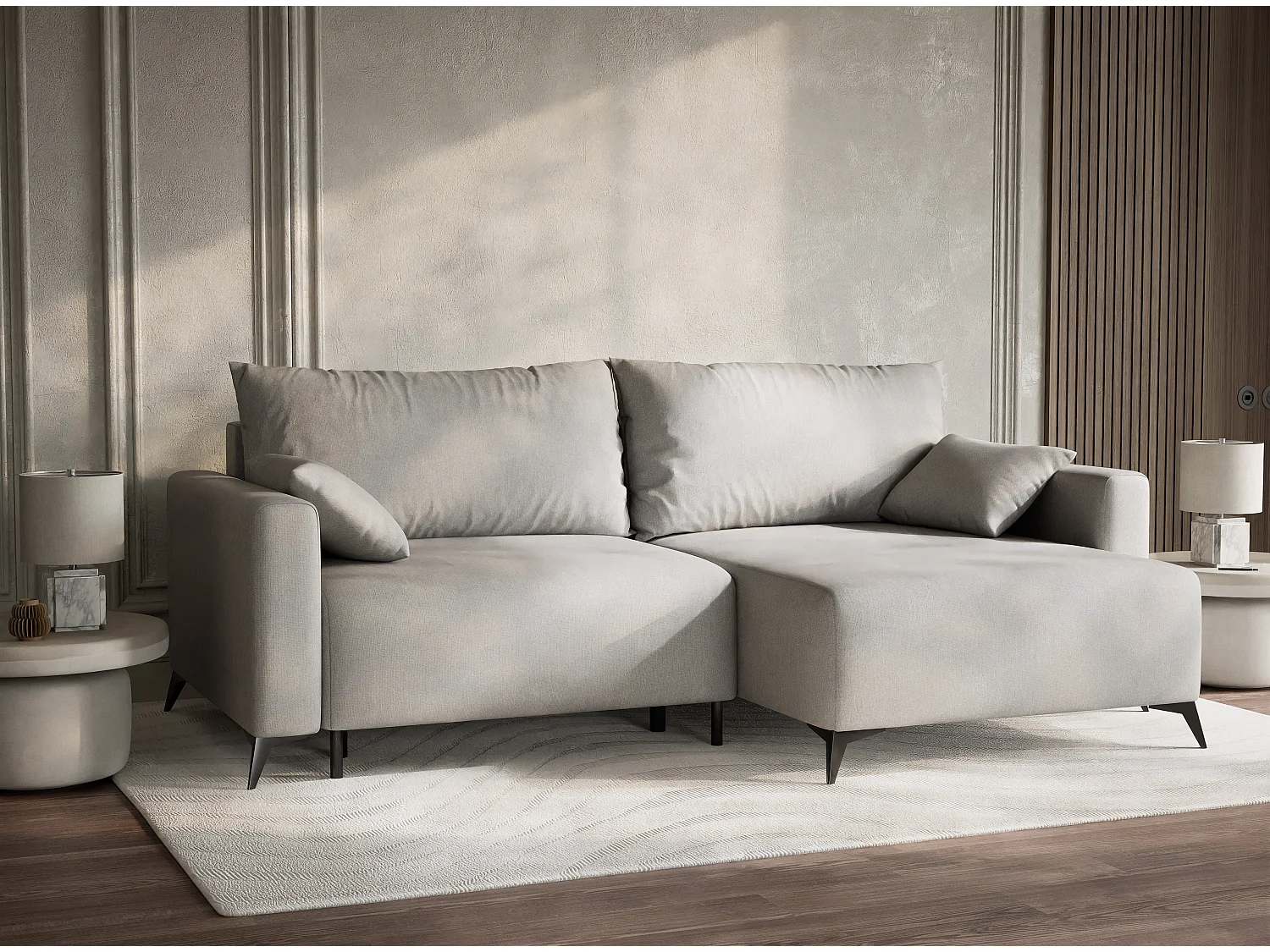 Canapé d'angle droit avec fonction lit en tissu tressé beige gris LEON