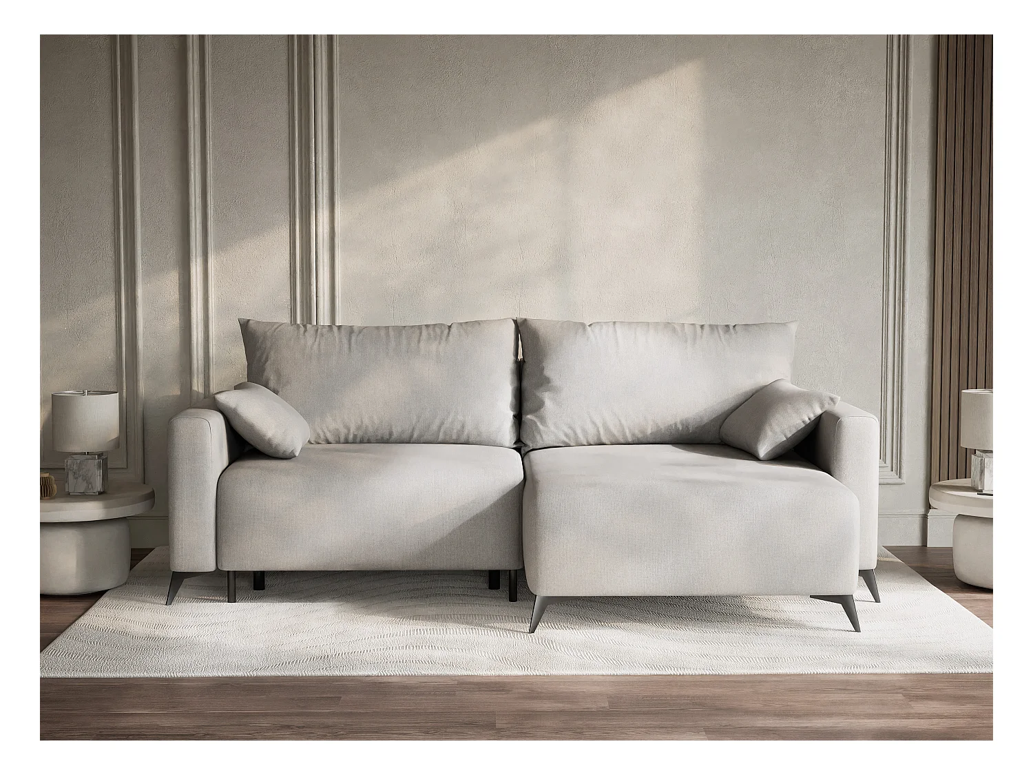 Canapé d'angle droit avec fonction lit en tissu tressé beige gris LEON