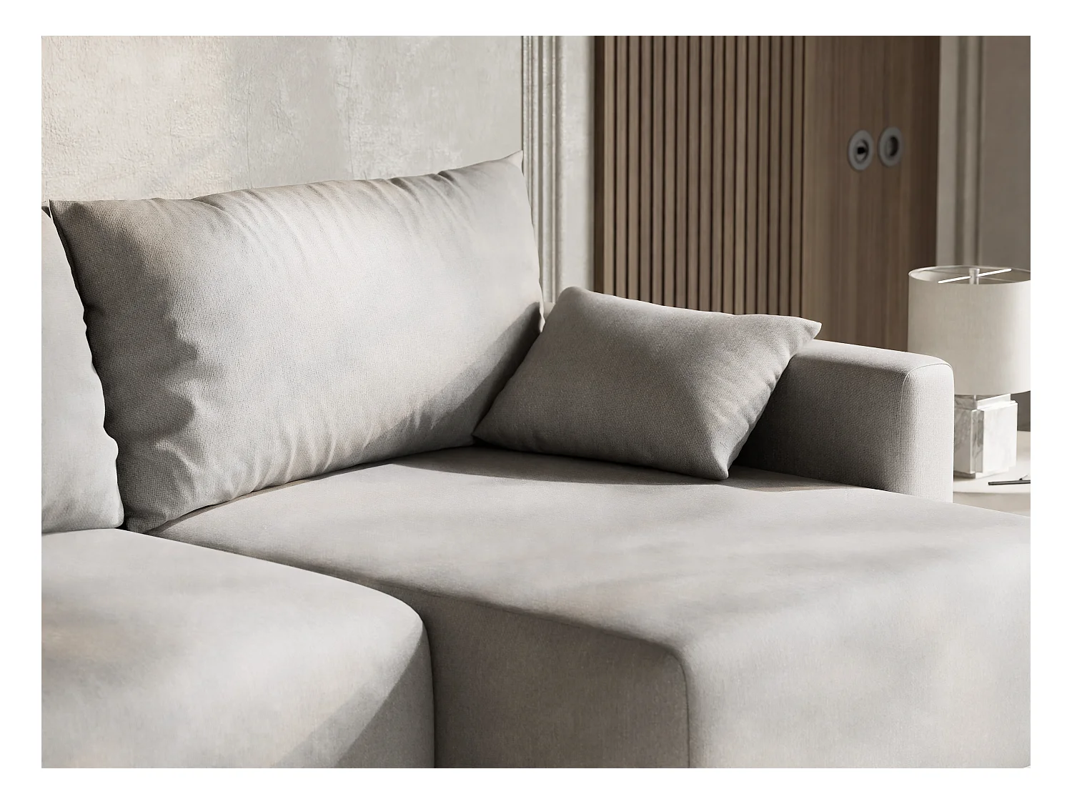 Canapé d'angle droit avec fonction lit en tissu tressé beige gris LEON