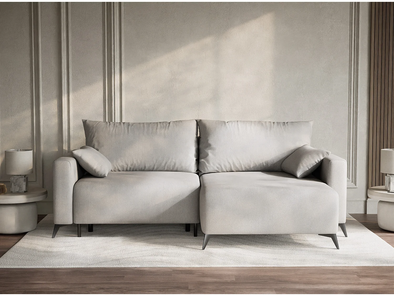 Canapé d'angle droit avec fonction lit en tissu tressé beige gris LEON