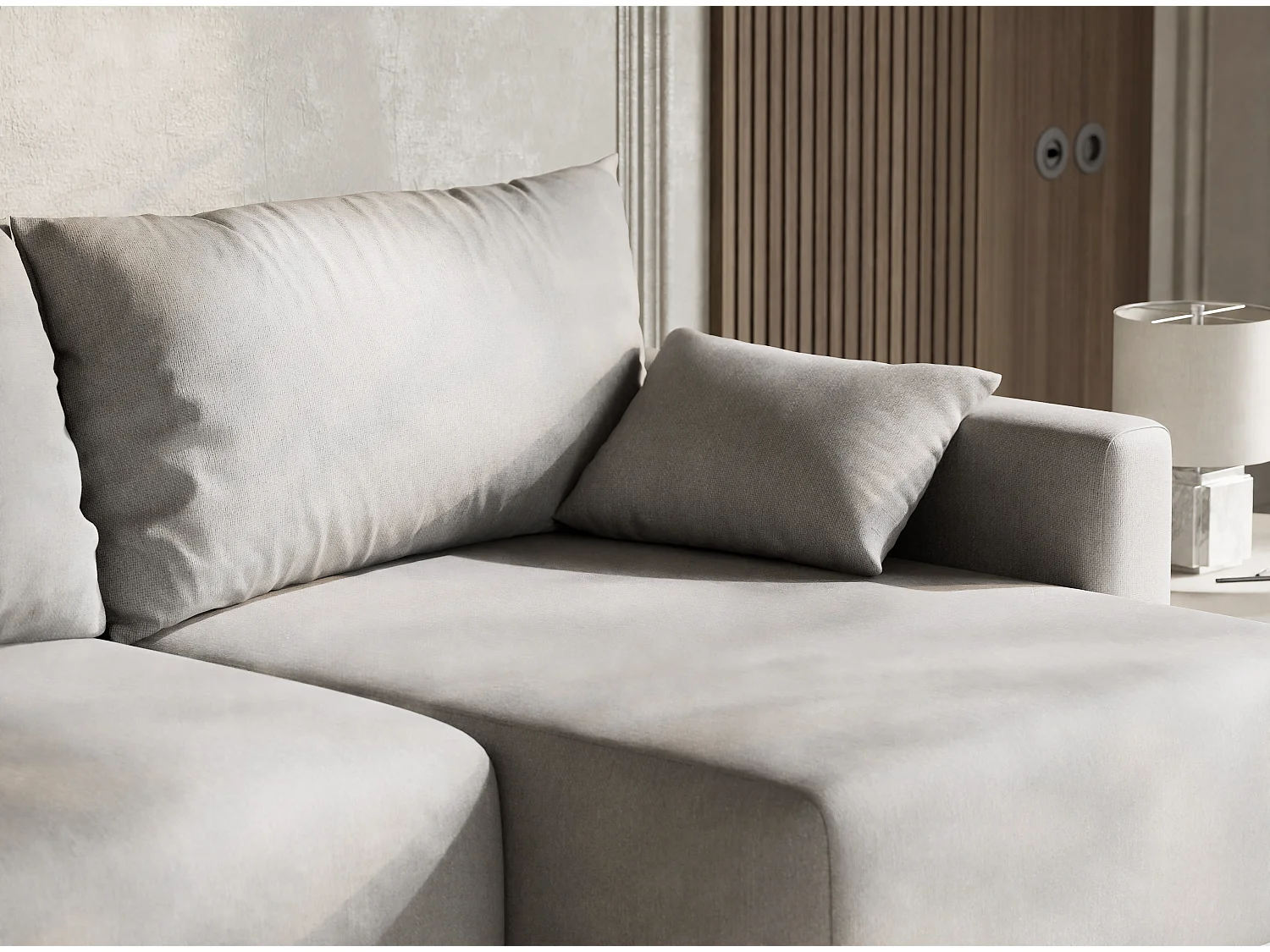 Canapé d'angle droit avec fonction lit en tissu tressé beige gris LEON