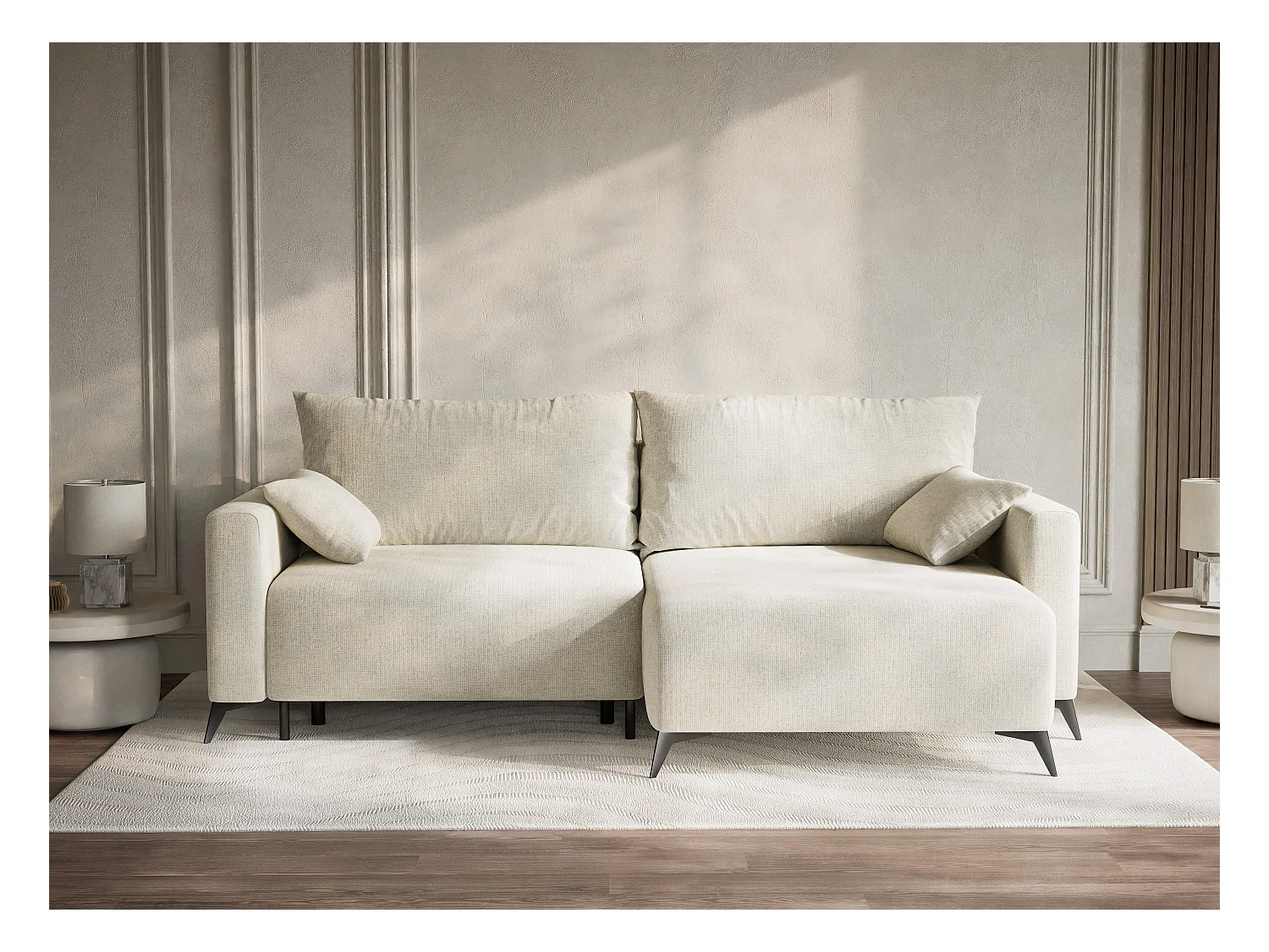 Canapé d'angle droit avec fonction lit en tissu chenille creme LEON