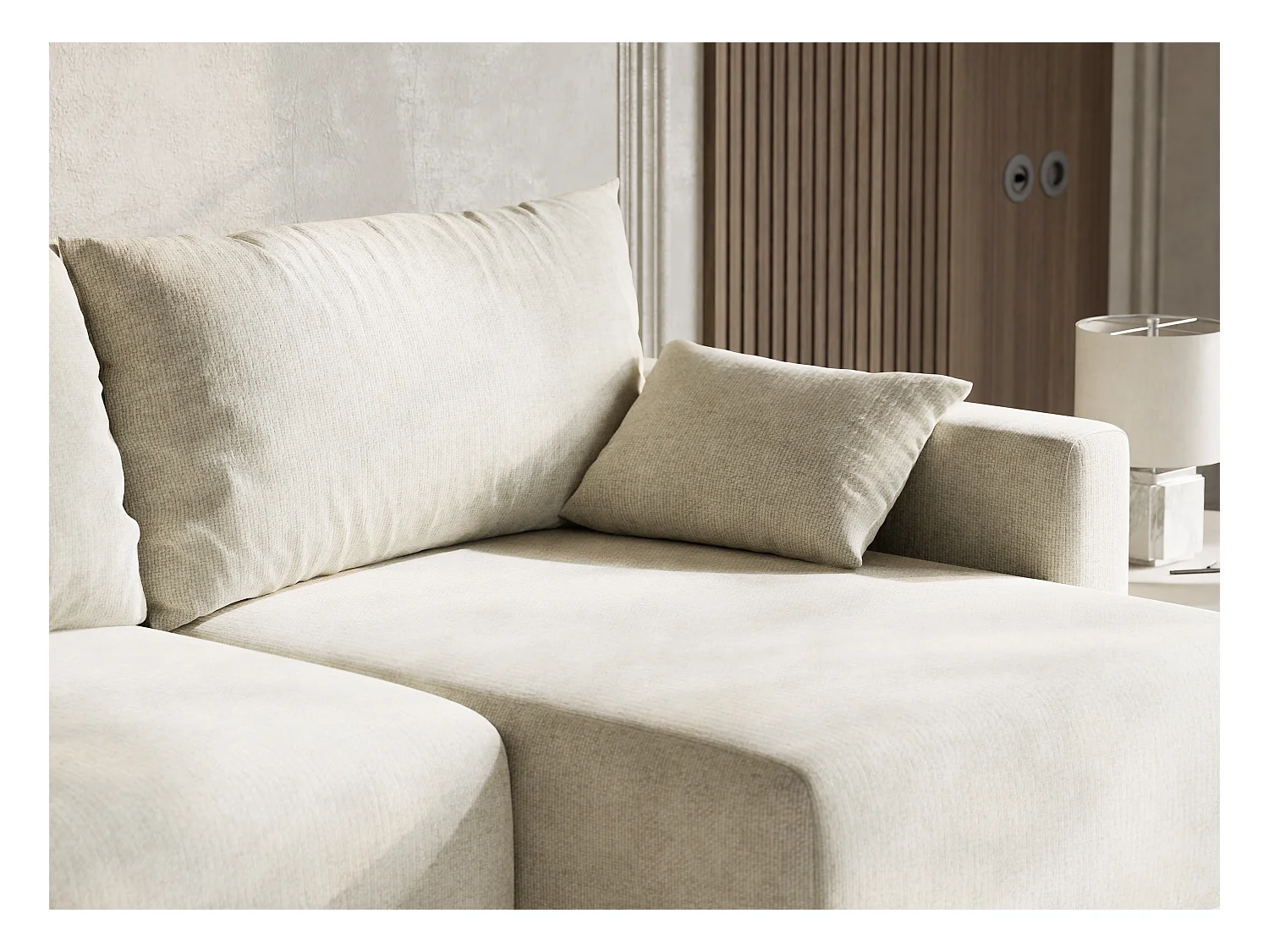 Canapé d'angle droit avec fonction lit en tissu chenille creme LEON