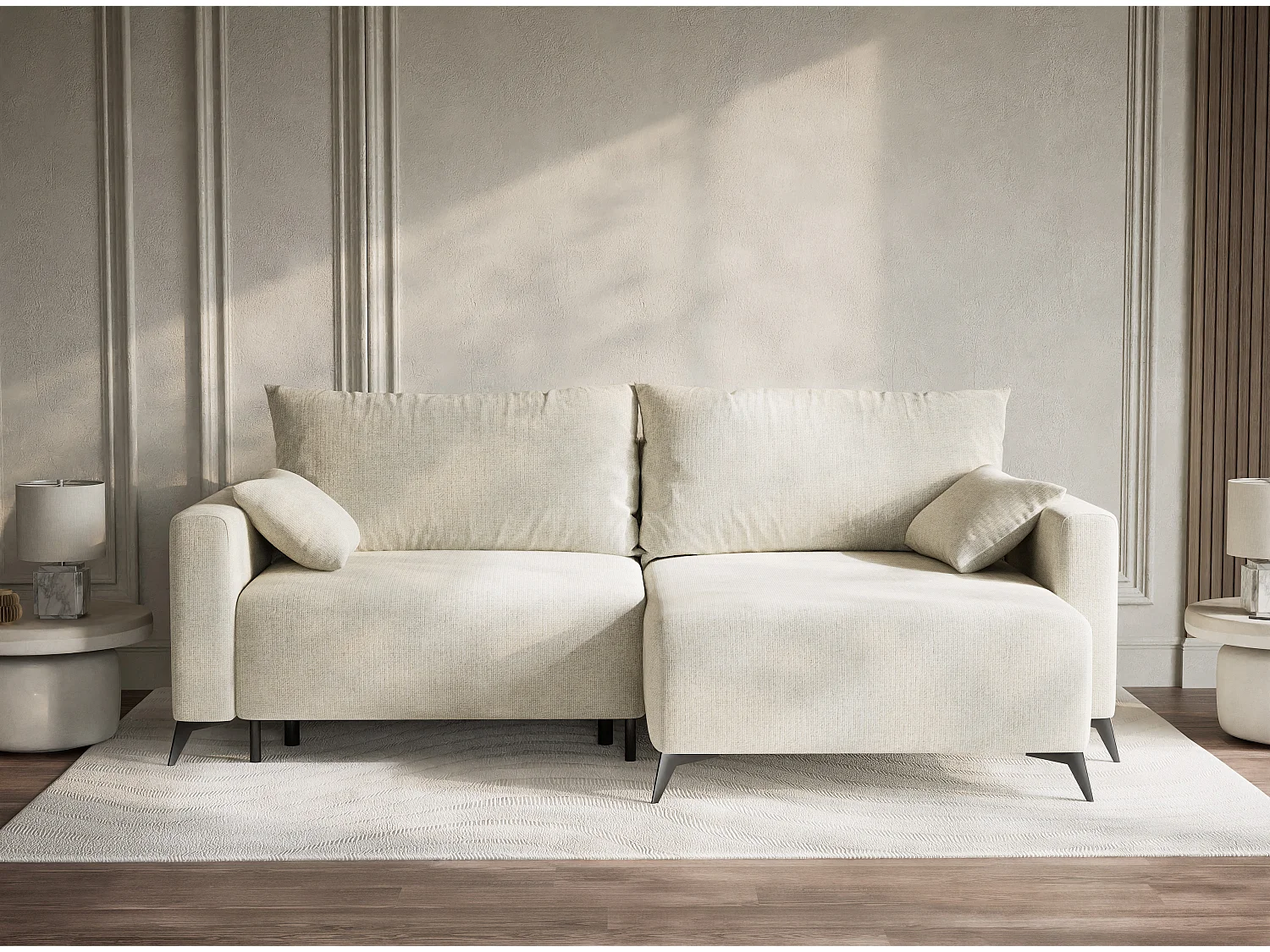 Canapé d'angle droit avec fonction lit en tissu chenille creme LEON