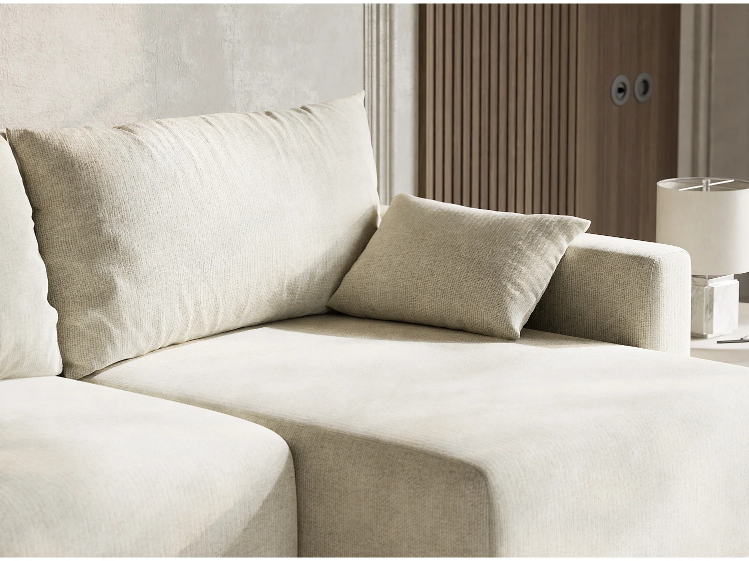 Canapé d'angle droit avec fonction lit en tissu chenille creme LEON