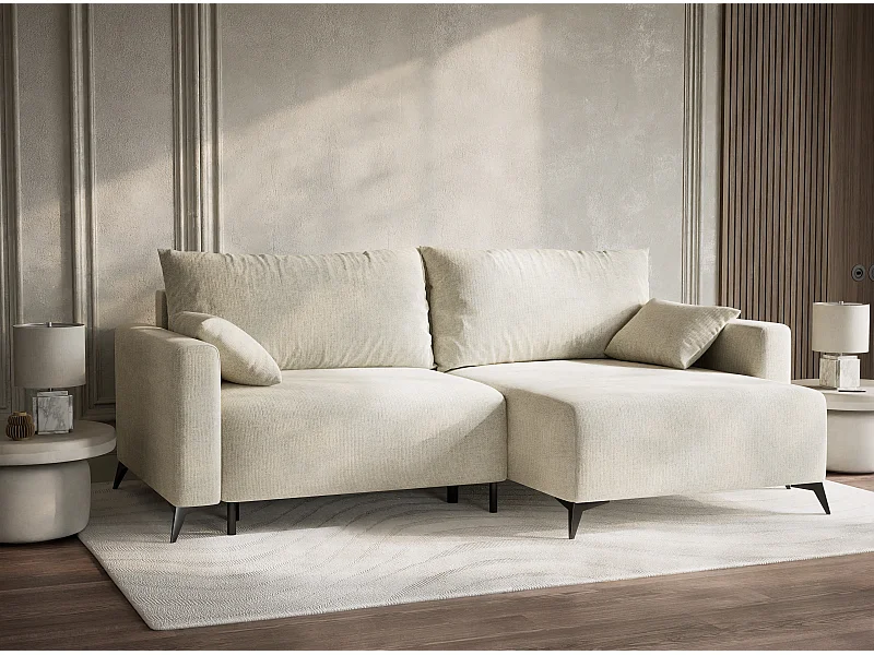 Canapé d'angle droit avec fonction lit en tissu chenille creme LEON