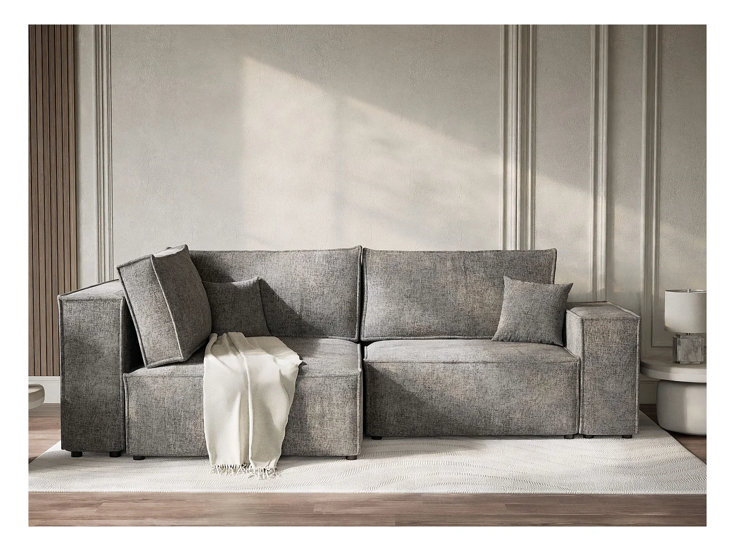 Canapé d'angle gauche avec fonction lit en tissu chenille gris TONGA