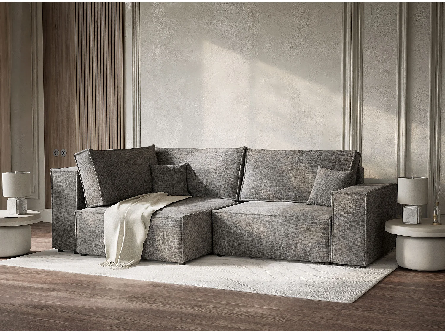 Canapé d'angle gauche avec fonction lit en tissu chenille gris TONGA