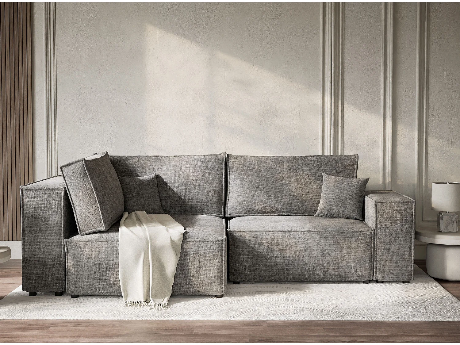 Canapé d'angle gauche avec fonction lit en tissu chenille gris TONGA