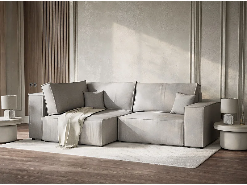 Canapé d'angle gauche avec fonction lit en tissu tressé beige gris TONGA