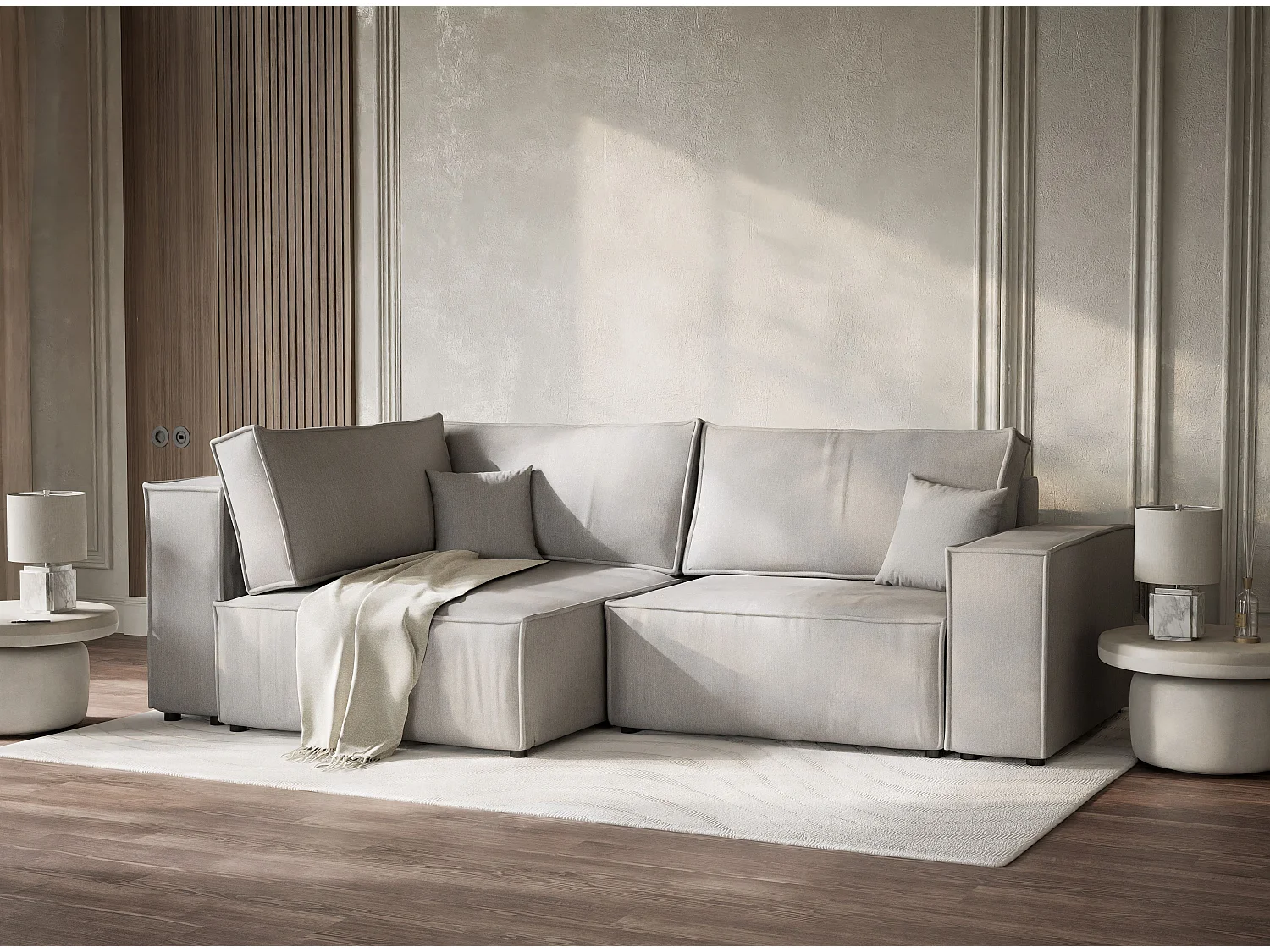 Canapé d'angle gauche avec fonction lit en tissu tressé beige gris TONGA