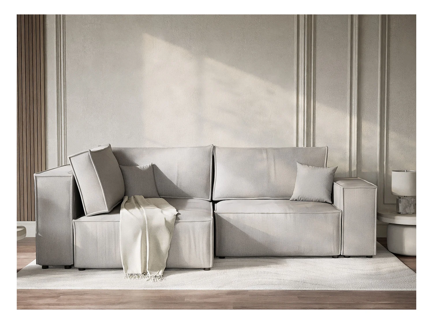 Canapé d'angle gauche avec fonction lit en tissu tressé beige gris TONGA