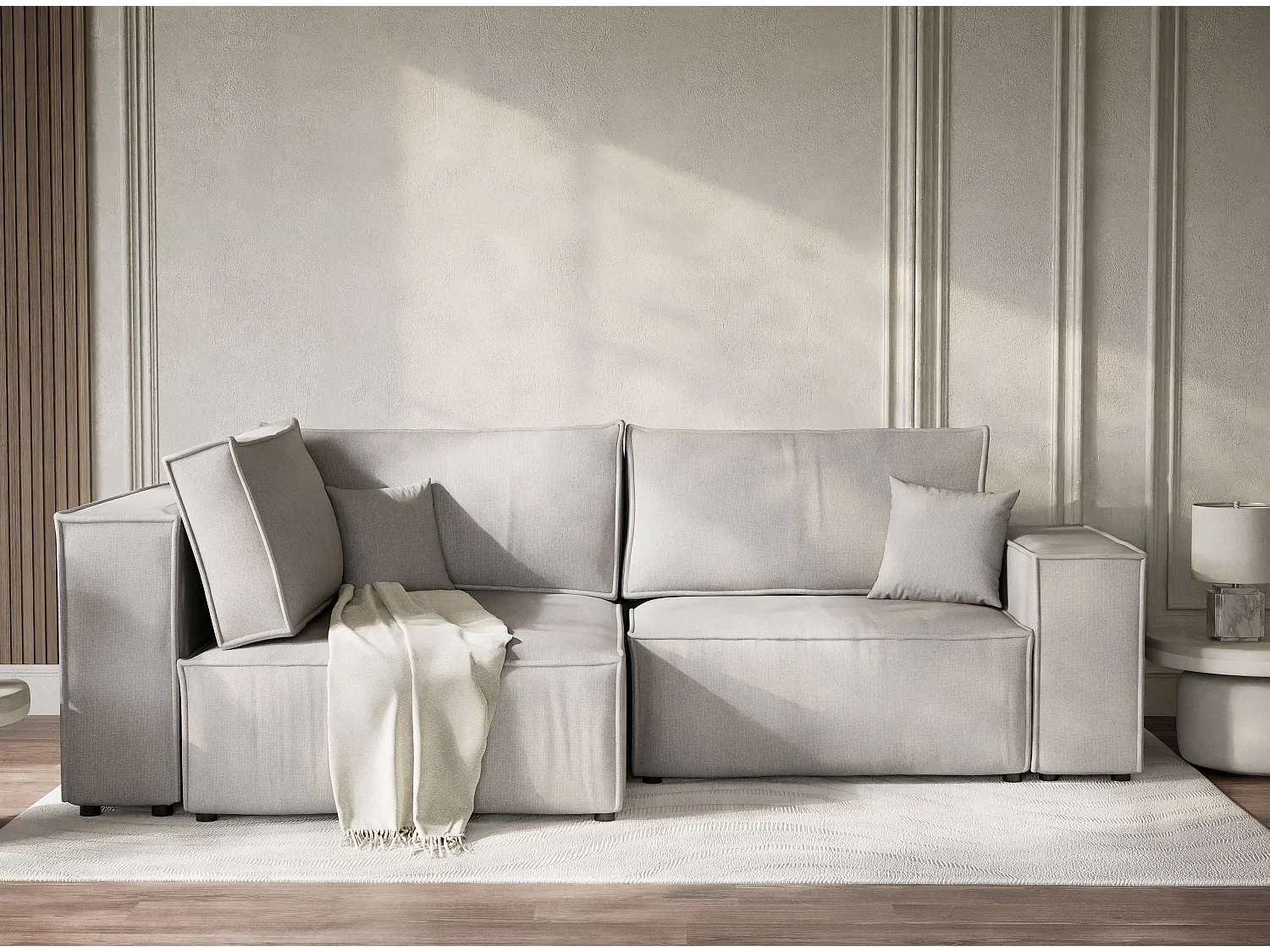 Canapé d'angle gauche avec fonction lit en tissu tressé beige gris TONGA