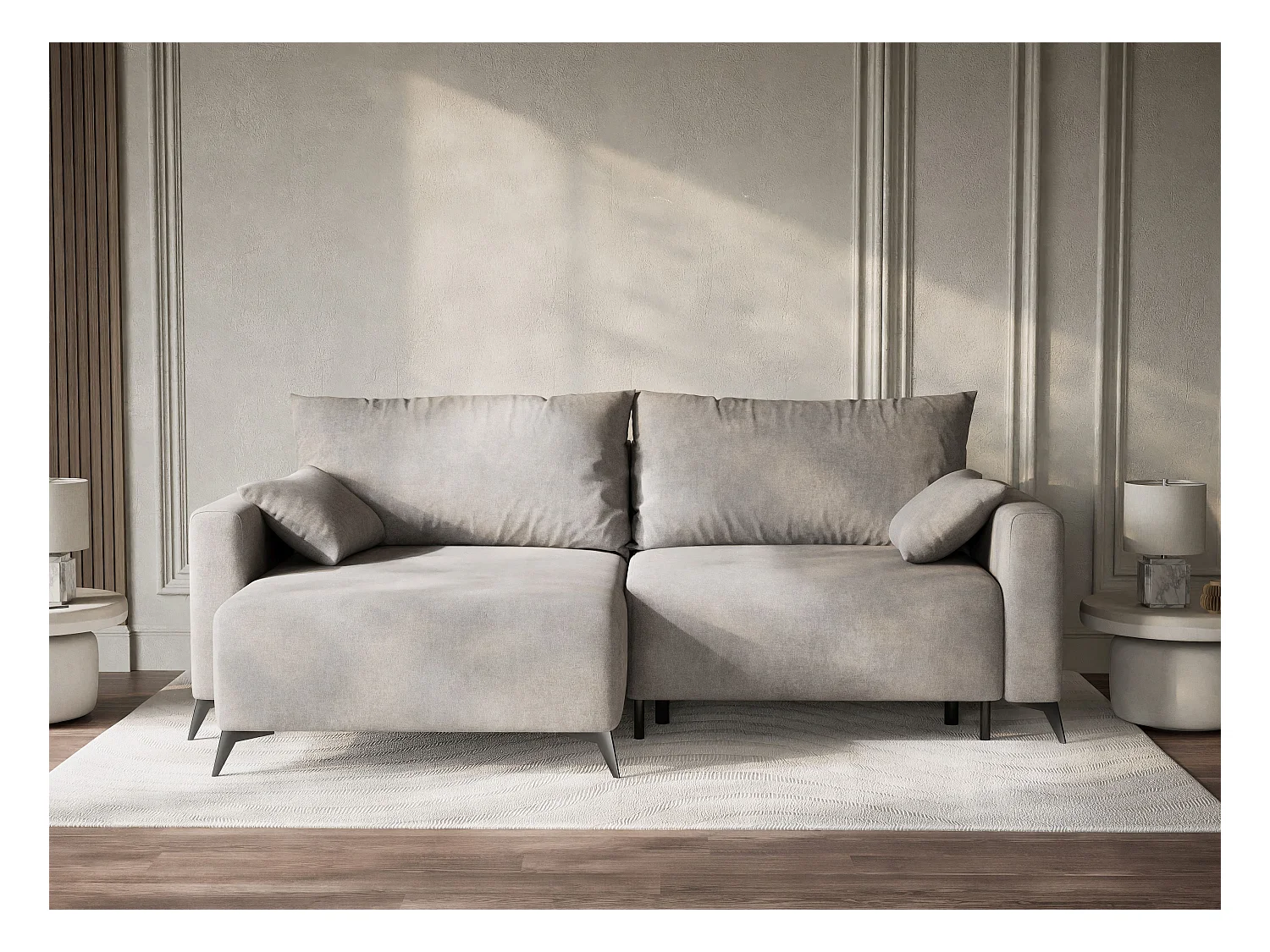 Canapé d'angle gauche avec fonction lit en tissu chenille beige gris LEON