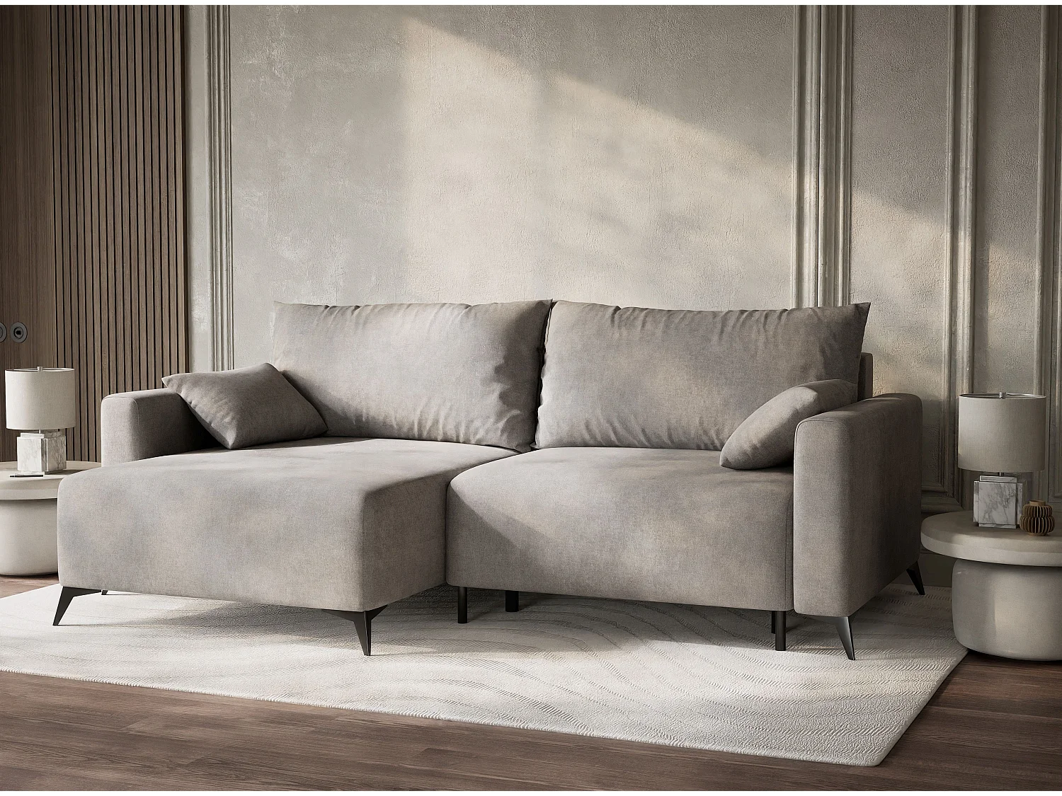 Canapé d'angle gauche avec fonction lit en tissu chenille beige gris LEON