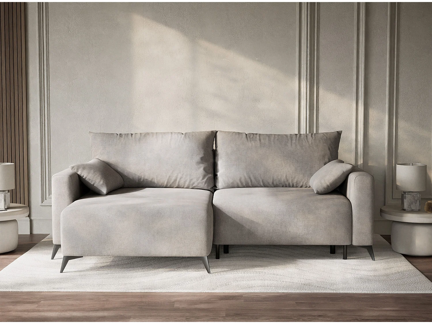 Canapé d'angle gauche avec fonction lit en tissu chenille beige gris LEON