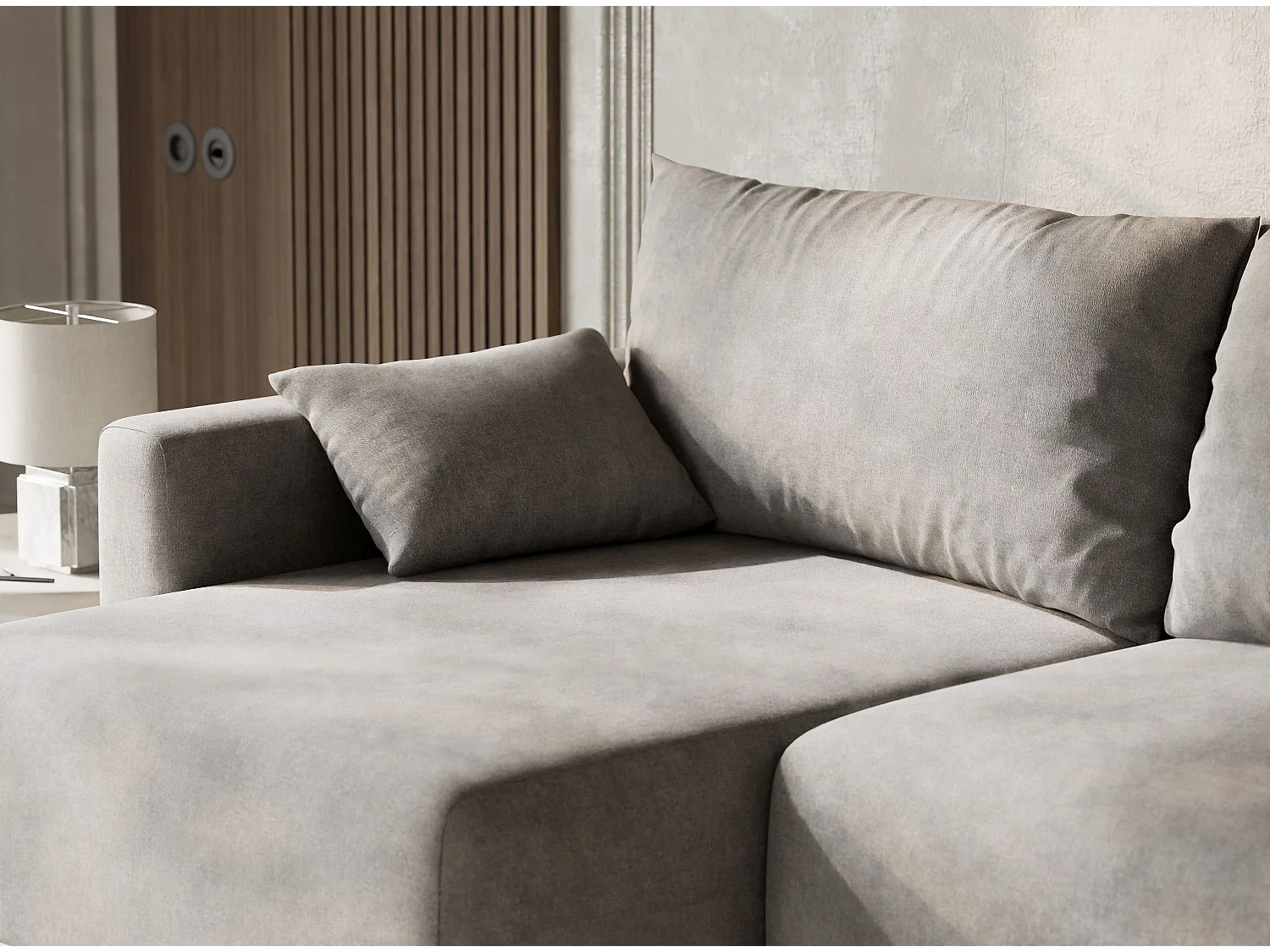 Canapé d'angle gauche avec fonction lit en tissu chenille beige gris LEON