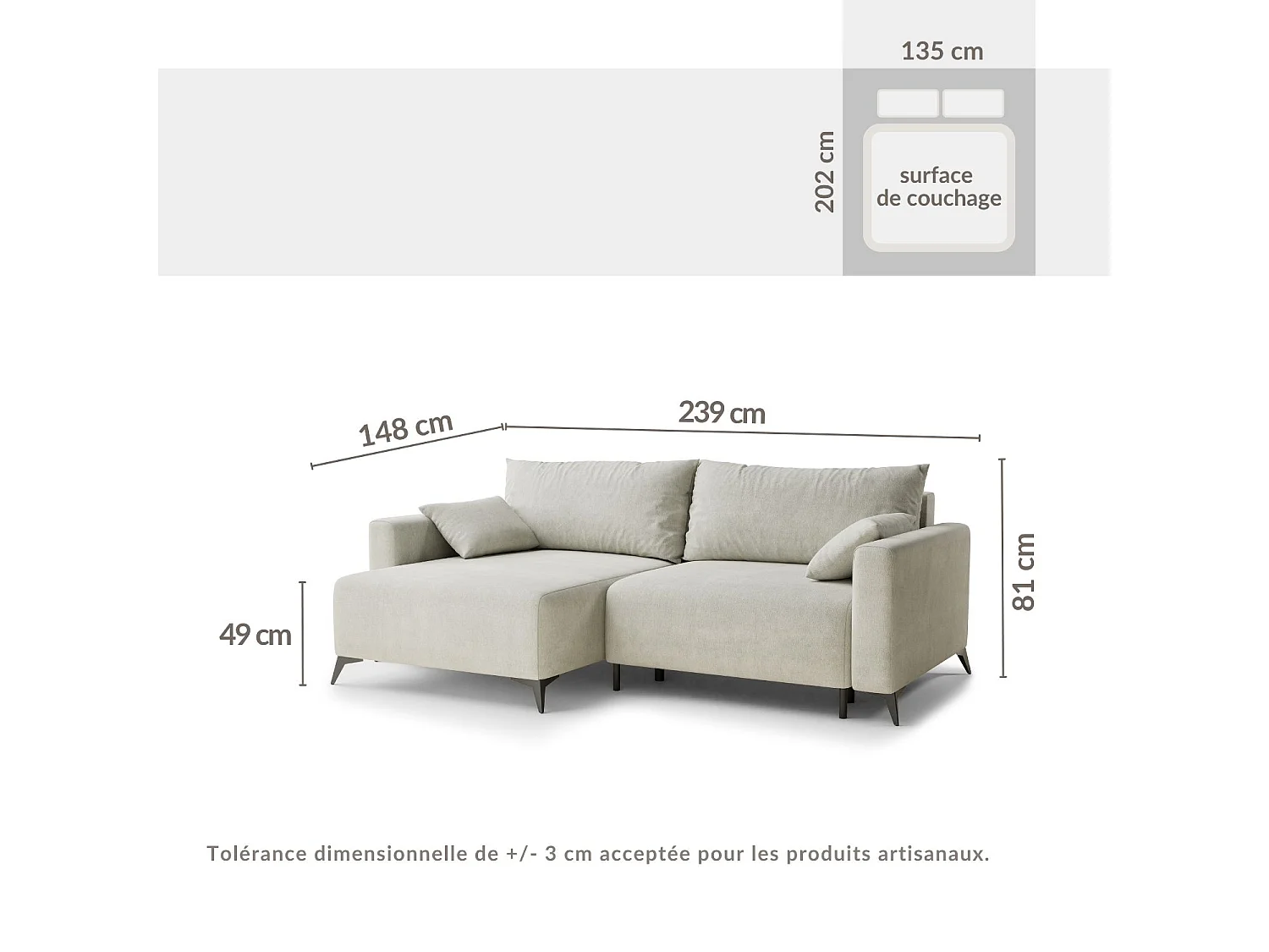 Canapé d'angle gauche avec fonction lit en tissu chenille beige gris LEON