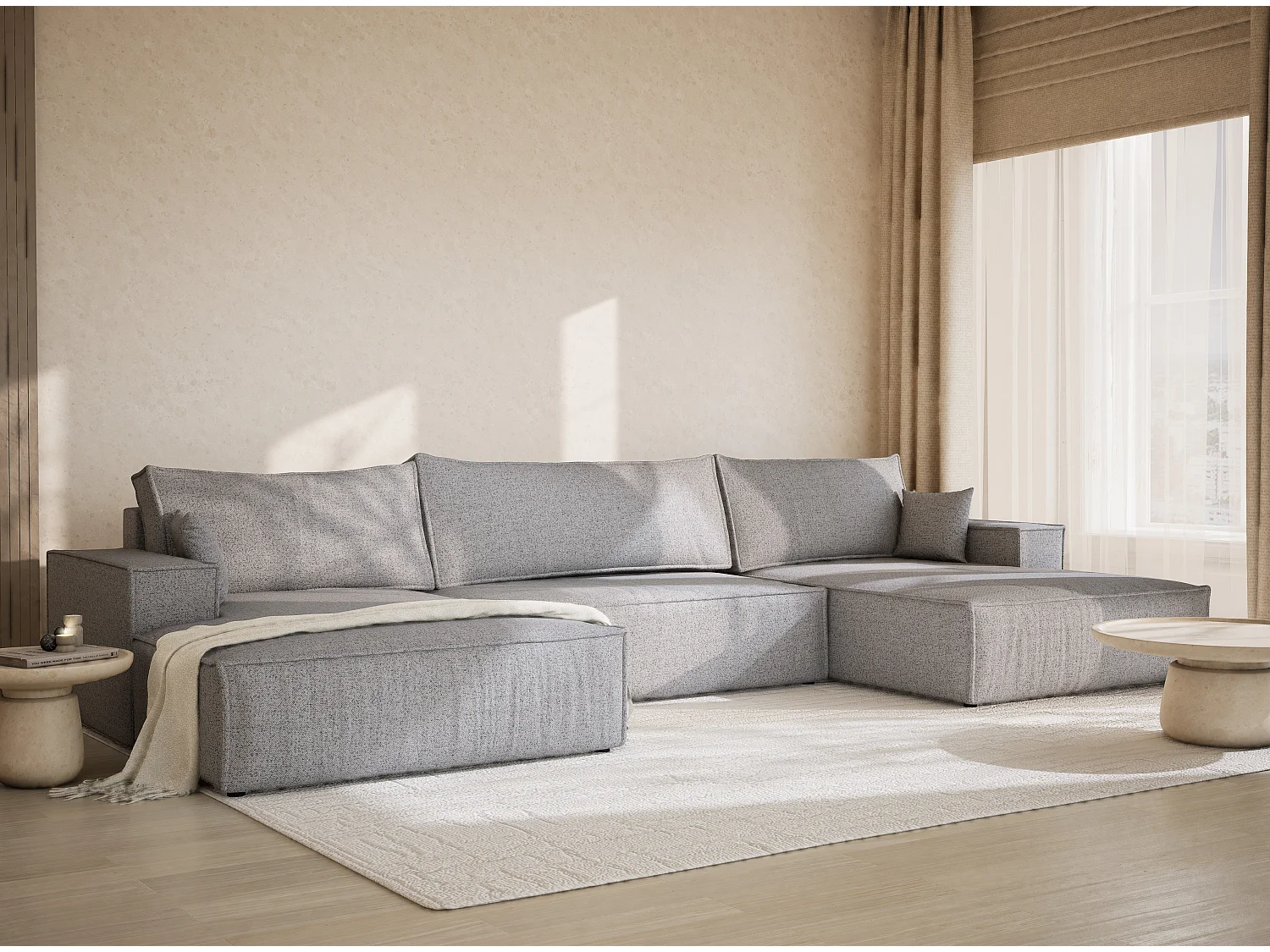 Canapé d'angle panoramique avec fonction lit en tissu tressé gris KYOTO