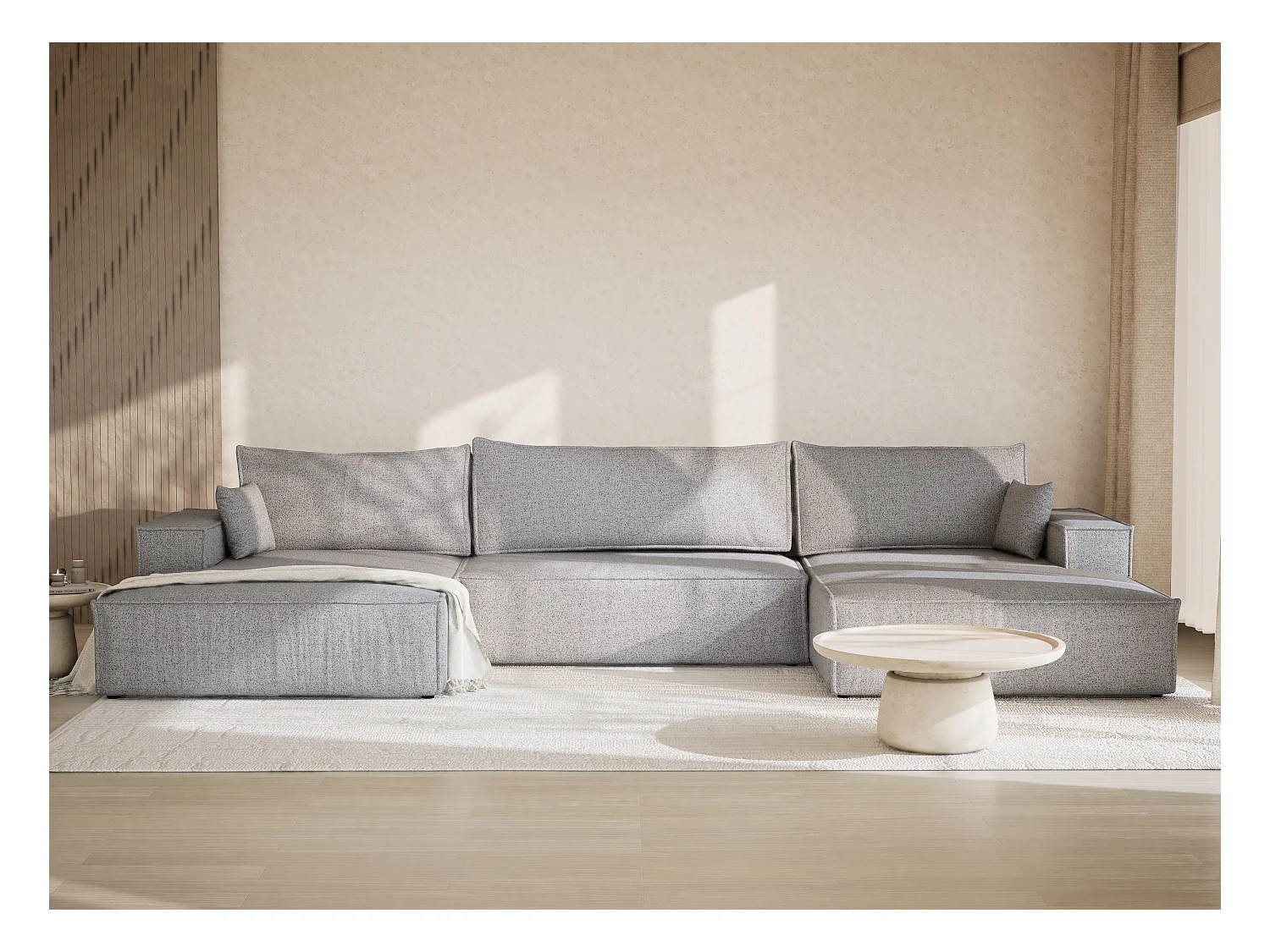 Canapé d'angle panoramique avec fonction lit en tissu tressé gris KYOTO