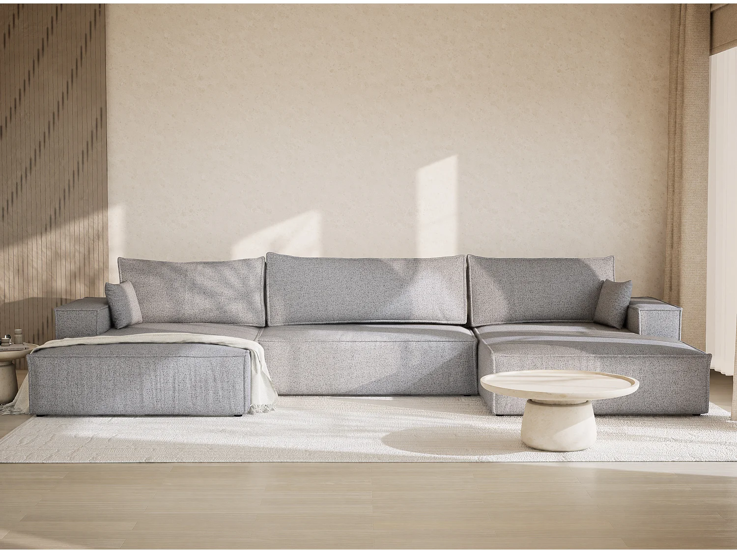 Canapé d'angle panoramique avec fonction lit en tissu tressé gris KYOTO