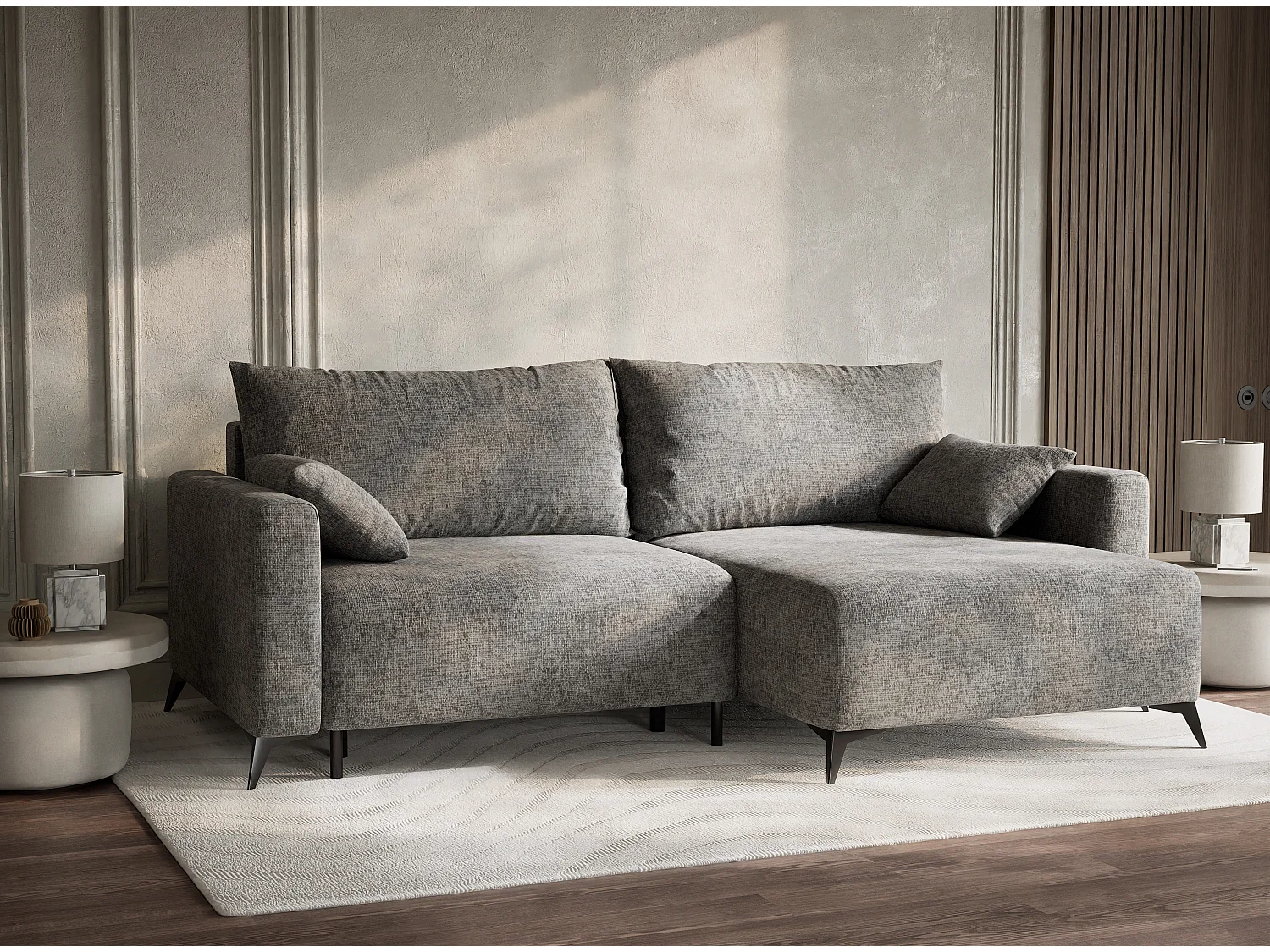 Canapé d'angle droit avec fonction lit en tissu chenille gris LEON