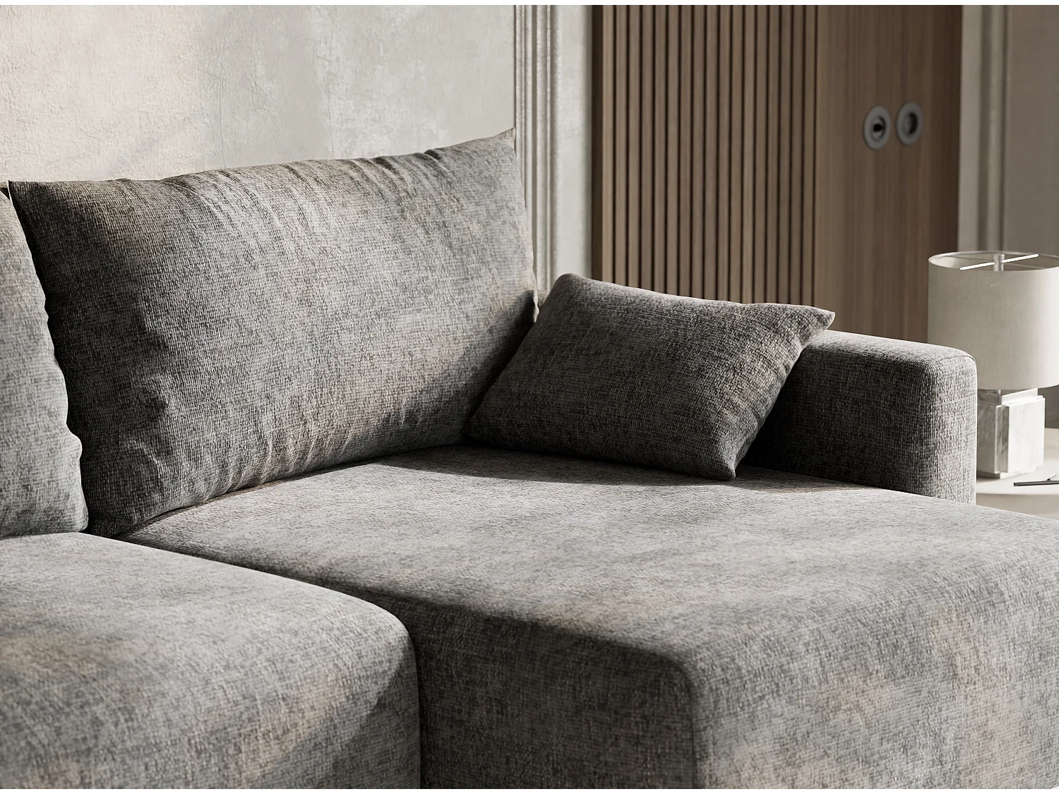 Canapé d'angle droit avec fonction lit en tissu chenille gris LEON