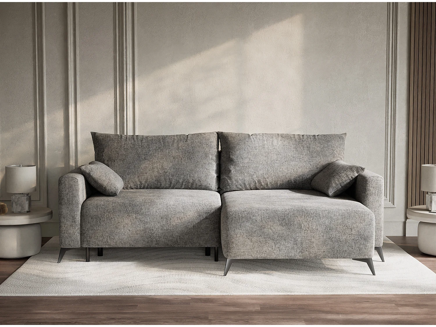 Canapé d'angle droit avec fonction lit en tissu chenille gris LEON