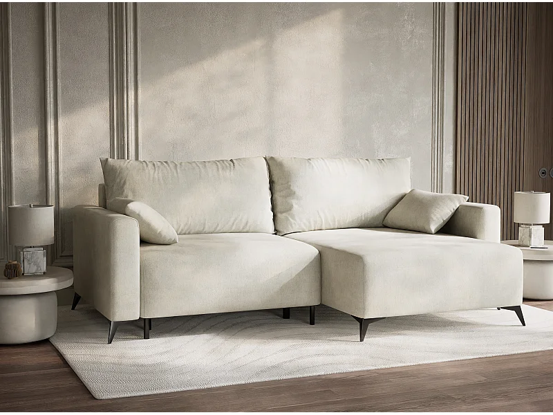 Canapé d'angle droit avec fonction lit en tissu chenille creme LEON