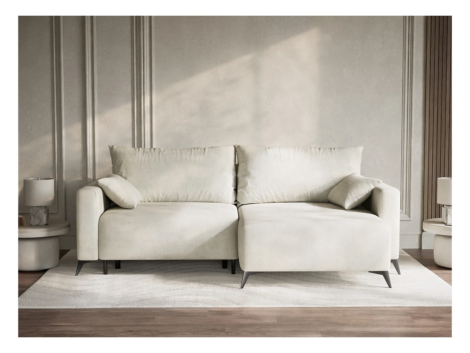 Canapé d'angle droit avec fonction lit en tissu chenille creme LEON