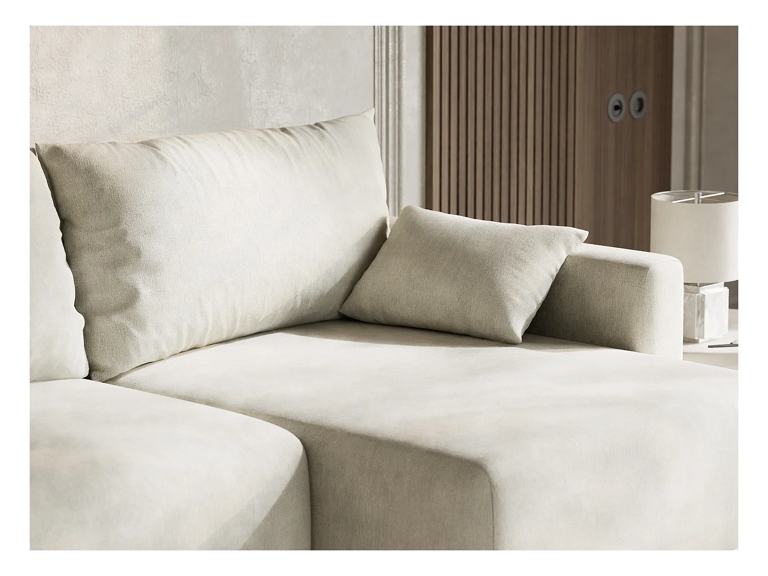 Canapé d'angle droit avec fonction lit en tissu chenille creme LEON